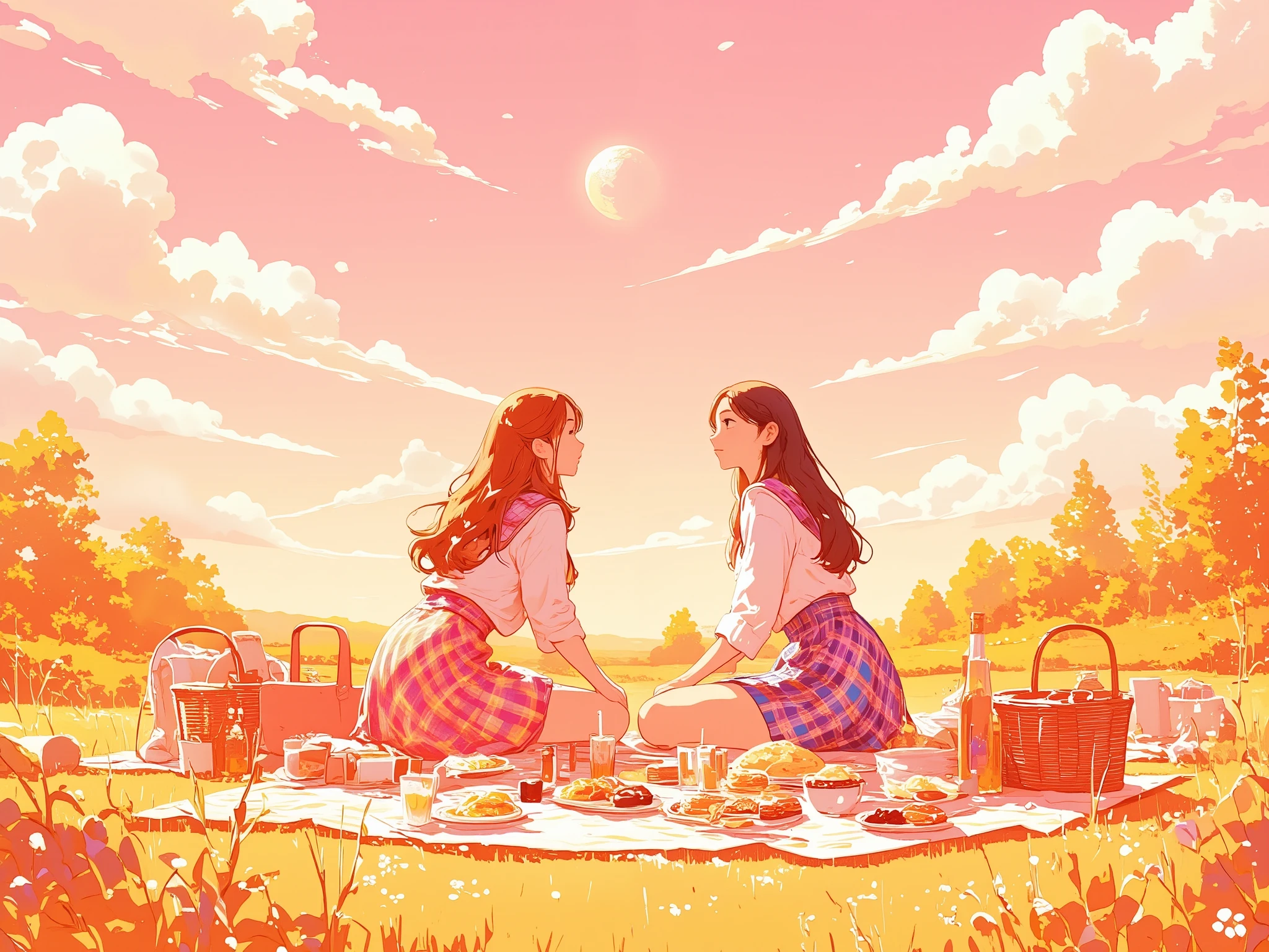 Illustration with light pink as the main color, On sunny day, two women are picnicking in a meadow, Lovely weather, The secret, They are relaxing in the sun, She looks up at the sky and finds the midday moon, Illustration of a Netherlands afternoon scene, The women are picnicking and smiling very prettily, Their tartan-check skirts look like Scottish folk costumes, Society