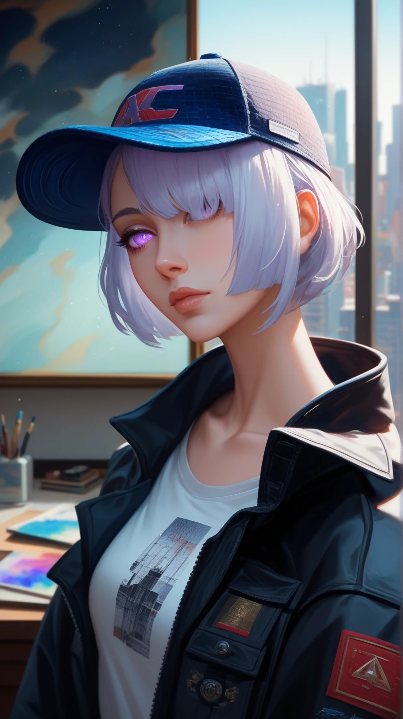 masterpiece, best quality, 4k, UHD, mishoujo, painting, beautiful eyes and detailed face, illustration, beautiful detailed, high resolution illustration, glowing_white_particles, 1girl, white hair, light purple eye, hair over one eye, short sidetail, baseball cap,expressionless, window shade, black jacket, chest rig, cyberpunk, techwear,(Impressionism:1.4)