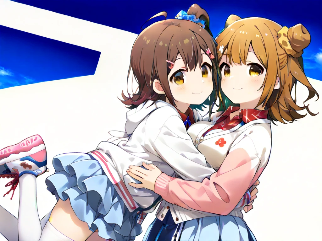 2 girls, delicate, chibi, face focus, masterpiece, masterpiece,best quality,2girls,leaning on each other,upper body,blue sky, AND 2girls,leaning on each other, Highest quality, 2 people girls, 2 people only, 2 people, (hug), chest to check, looking at viewer, 
White Background, Flat Color, sketch
(masterpiece、Highest quality、Very detailed)), smile, looking viewer,
BREAK
(((cute, kasuga mirai, brown hair, yellow eyes, white hoodie, red check shirt, blue denim skirt))), 
BREAK
(((hanami ume, brown eyes, brown hair,medium hair, hair bun,ahoge,school uniform, cardigan,dress shirt,layered skirt,white thighhighs,sneakers cute, Large Breasts))), 
