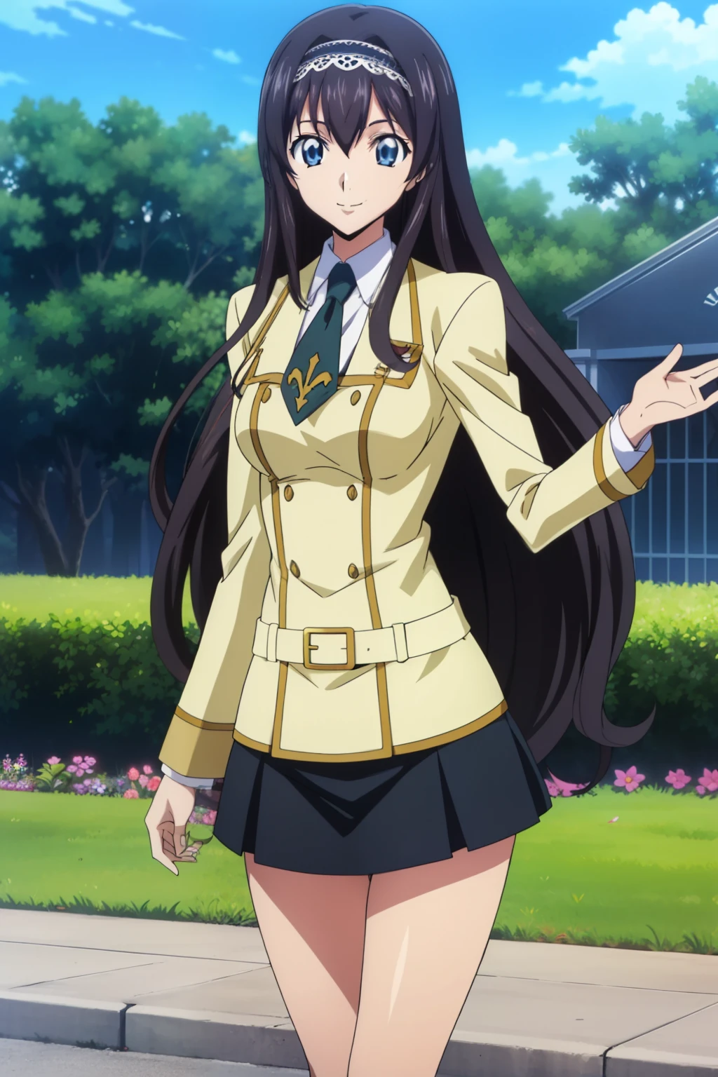 from side, 1 girl, cute, black hair, long hair, (hair band), (posing), (smile), (School Uniform, skirt), (In the school garden), (anime cels style, Masterpiece, best quality, high resolution, anime colored, megami magazine:1.2, anime poster style, anime keyvisual, sharp, 8k, photorealistic), beautiful eyes, (perfect anatomy, perfect body,  perfect leg)