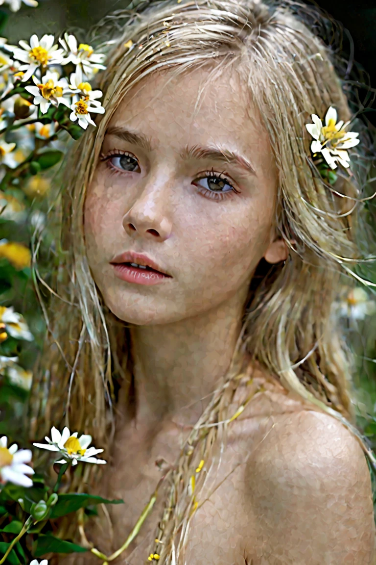 An ultra detailed, enigmatic looking a beautiful young girl ,She nude,blonde hair, ,flowers,