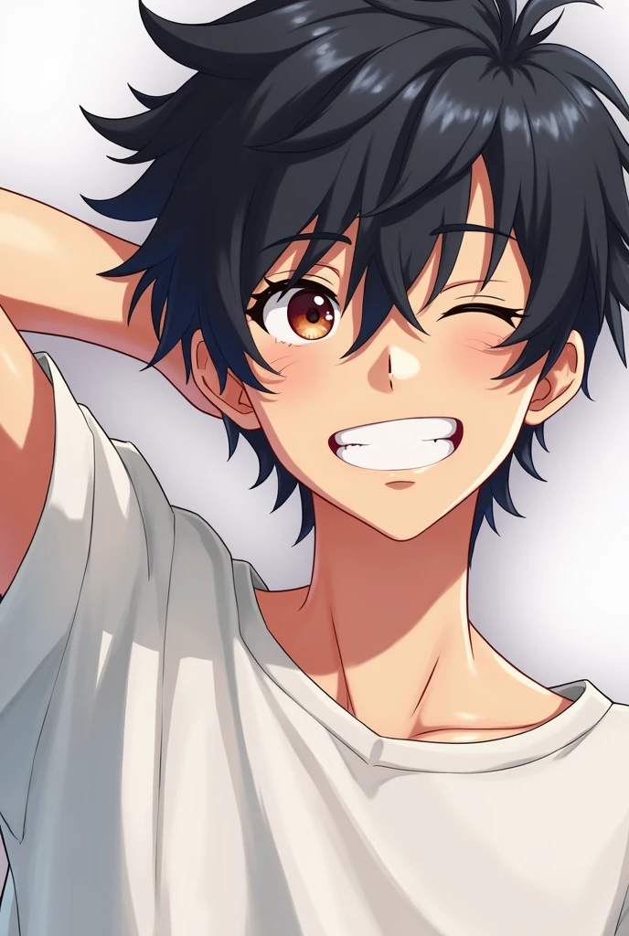(detailed eyes),detailed skin,(masterpiece,best quality:1.4),Top Quality,High quality,Ultra detailed,insanely detailed,anime style,1 boy,straddle,18 years old,black eyes,sharp eyes,(cute smile),t-shirt,shorts,messy room,(take a look here)