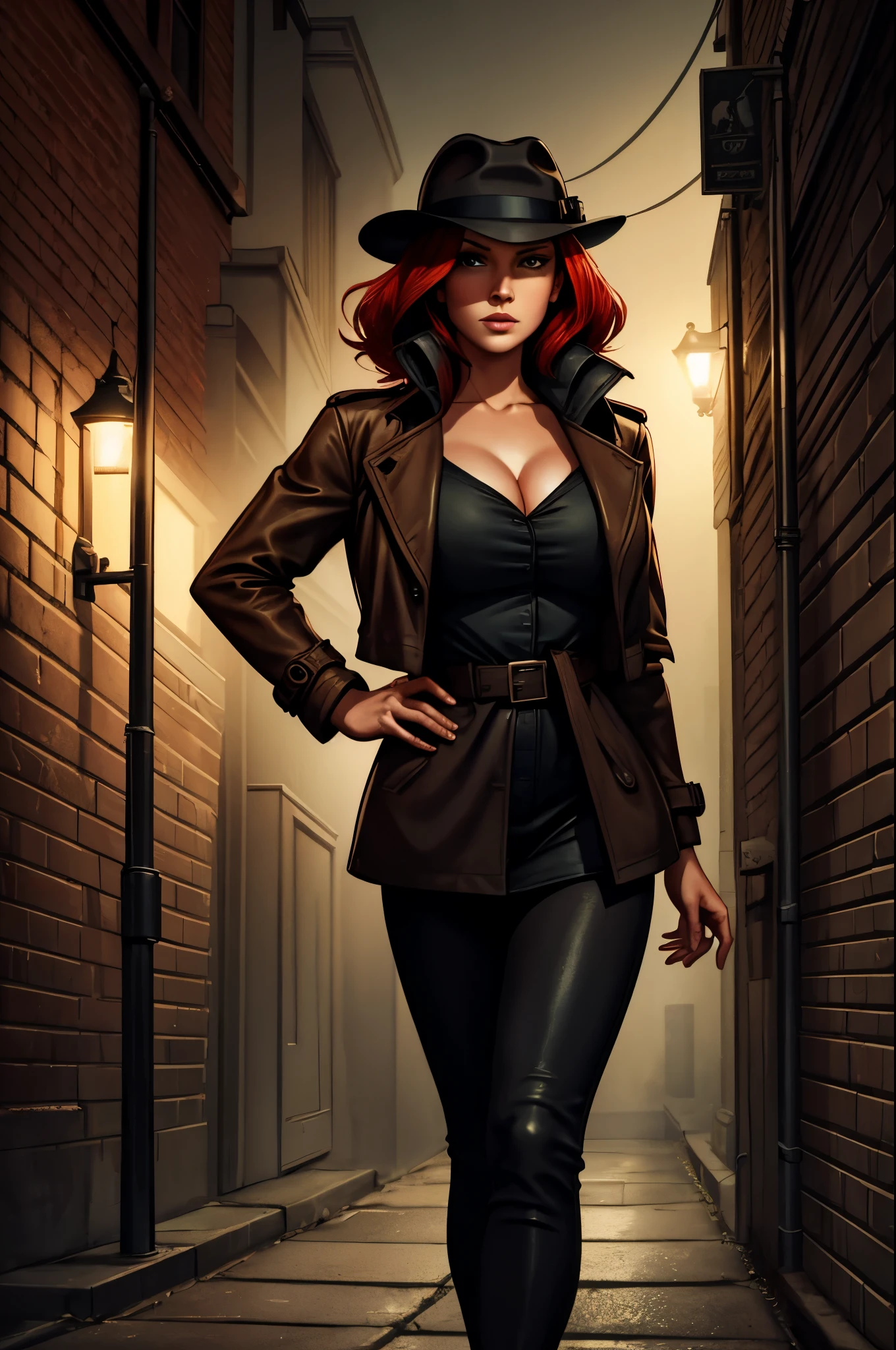 1920s hardboiled female detective, striking red hair styled in soft waves, tailored trench coat and a fedora, sharp no-nonsense attitude, stands confidently in a dimly lit alleyway, surrounded by shadows and mist, cityscape with neon signs, wet cobblestone streets, brick walls, gritty atmosphere, dramatic chiaroscuro lighting, high contrast, textured clothing details, dynamic composition, strong shadows, urban setting, cinematic lighting, low-angle shot