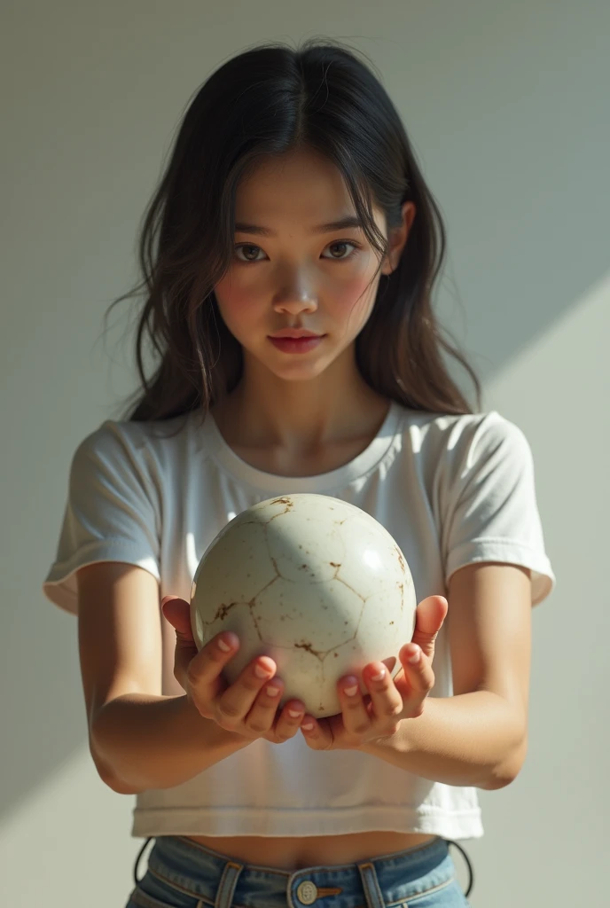 A conceptual illustration of a female teenager trying to juggle, but having problems due to the number of balls. His expression is one of anguish.
 Side view, Whole body 