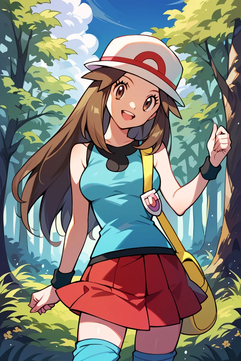 score_9, score_8_up, score_7_up, score_6_up, best quality, source_anime, cel shading, flat color, vector, detailed background, blue background, clouds, trees, forest, BREAK 1girl, solo, leaf_(\pokemon\), brown hair, long hair, brown eyes, white hat, blue sleeveless shirt, red skirt, blue socks, yellow duffle bag, wristbands, medium breasts, cowboy shot, looking at viewer, smile, open mouth, teeth, from behind, 