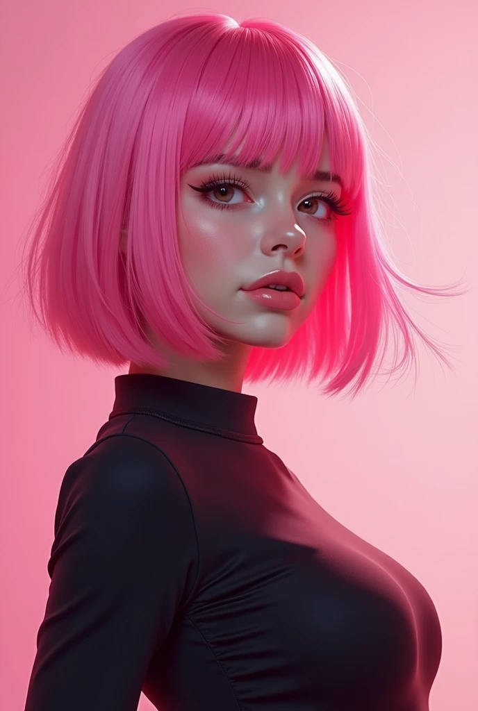 A woman with pink hair and a black top posing for a picture, digital ...