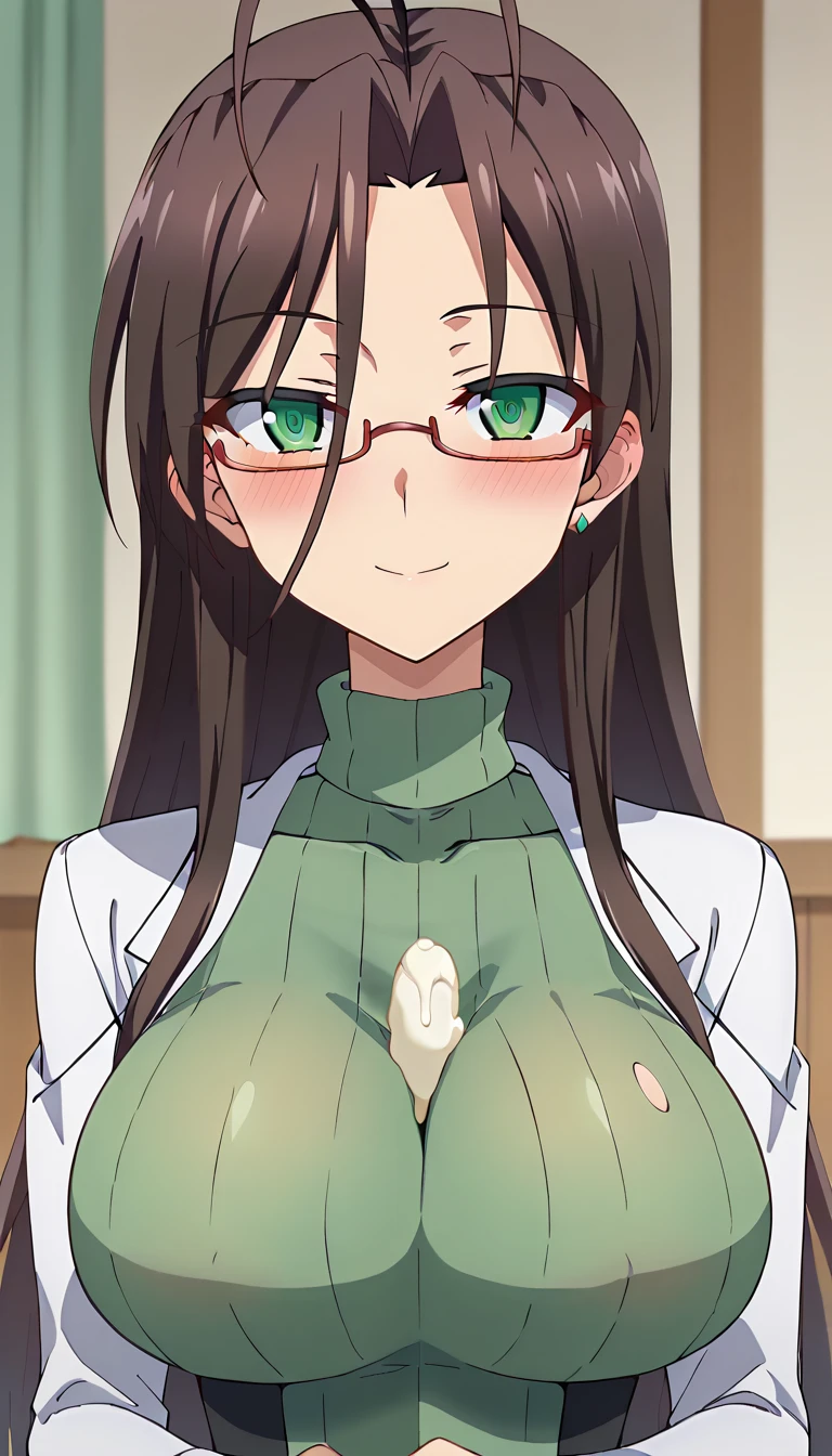 score_9、score_8_up、score_7_up、source_anime、長谷川Senri、 mature woman、 1 girl、 troubled smile、 squinting、blush、 close your mouth、 brown hair 、 green eyes、 hair like antennae 、 long hair、Semi-rimless glasses、Senri、I can take off my white coat 、 seen from the front、Green Sweater、 turtleneck 、Chest、 garter strap、 black knee socks 、 black skirt 、 pencil skirt 、 lace panties 、 looking at the viewer 、indoor、Health Room、Bed in the background、White curtain in the background、blush、 upper body、 Pizuri、動きだけ Pizuri、 holds a white popsicle between her breasts、Hold your chest with both hands、Woman grabs her own side breasts with both hands 、 melted white ice cream drips on my chest