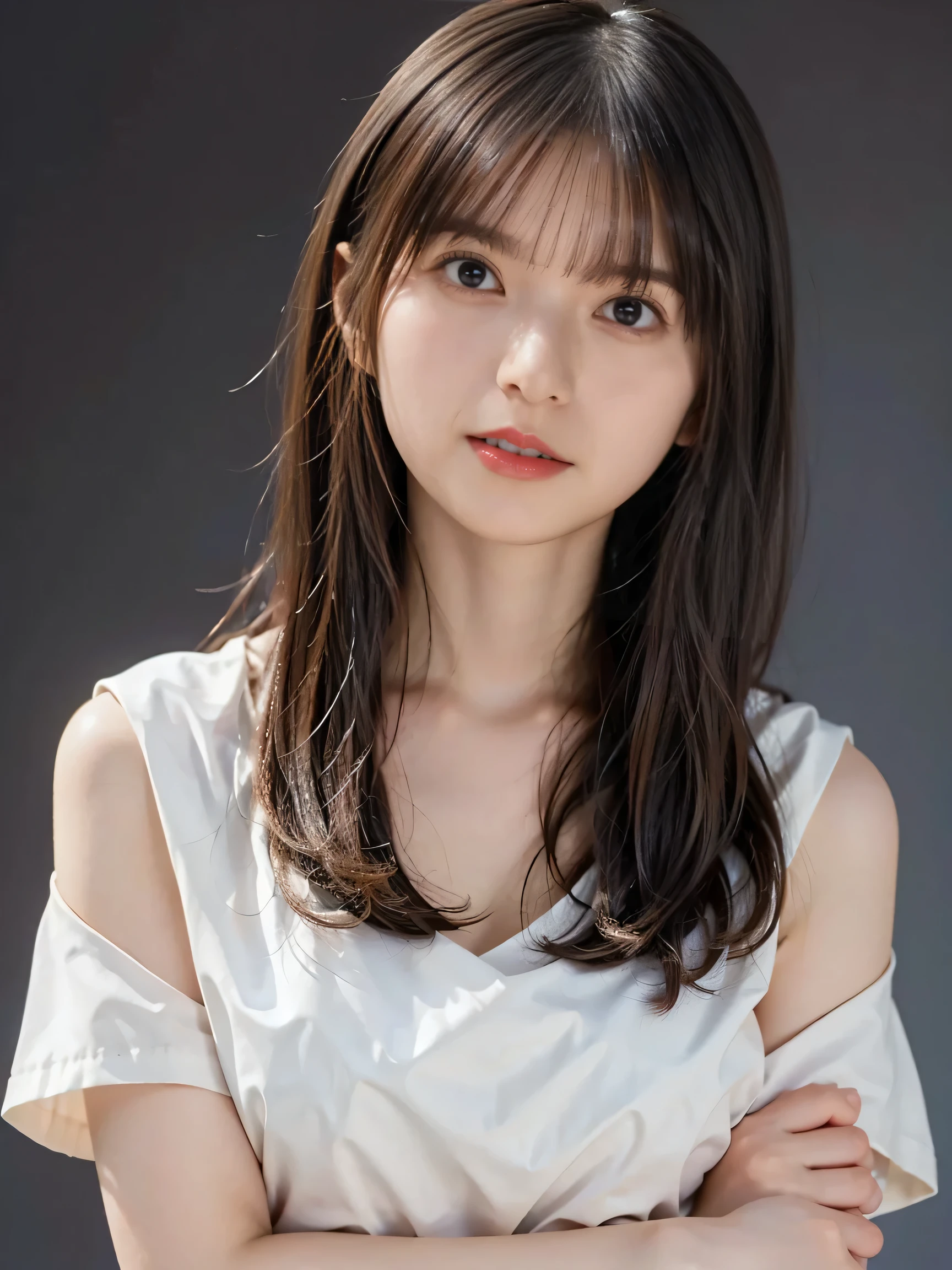 highest quality, Realistic, 8K, High resolution, 1 Girl, woman, (Skin dents), (Portraiture:0.6), nice, ((White Background, Completely naked, Small breasts:1.65)), (Long brown hair, Parted bangs:1.4), Watching the audience, (1 Girl eyes Watching the audience:1.6), Realistic, (Bokeh), (Closed Mouth, smile:1.3), nice, Purelos Face_V1:1,