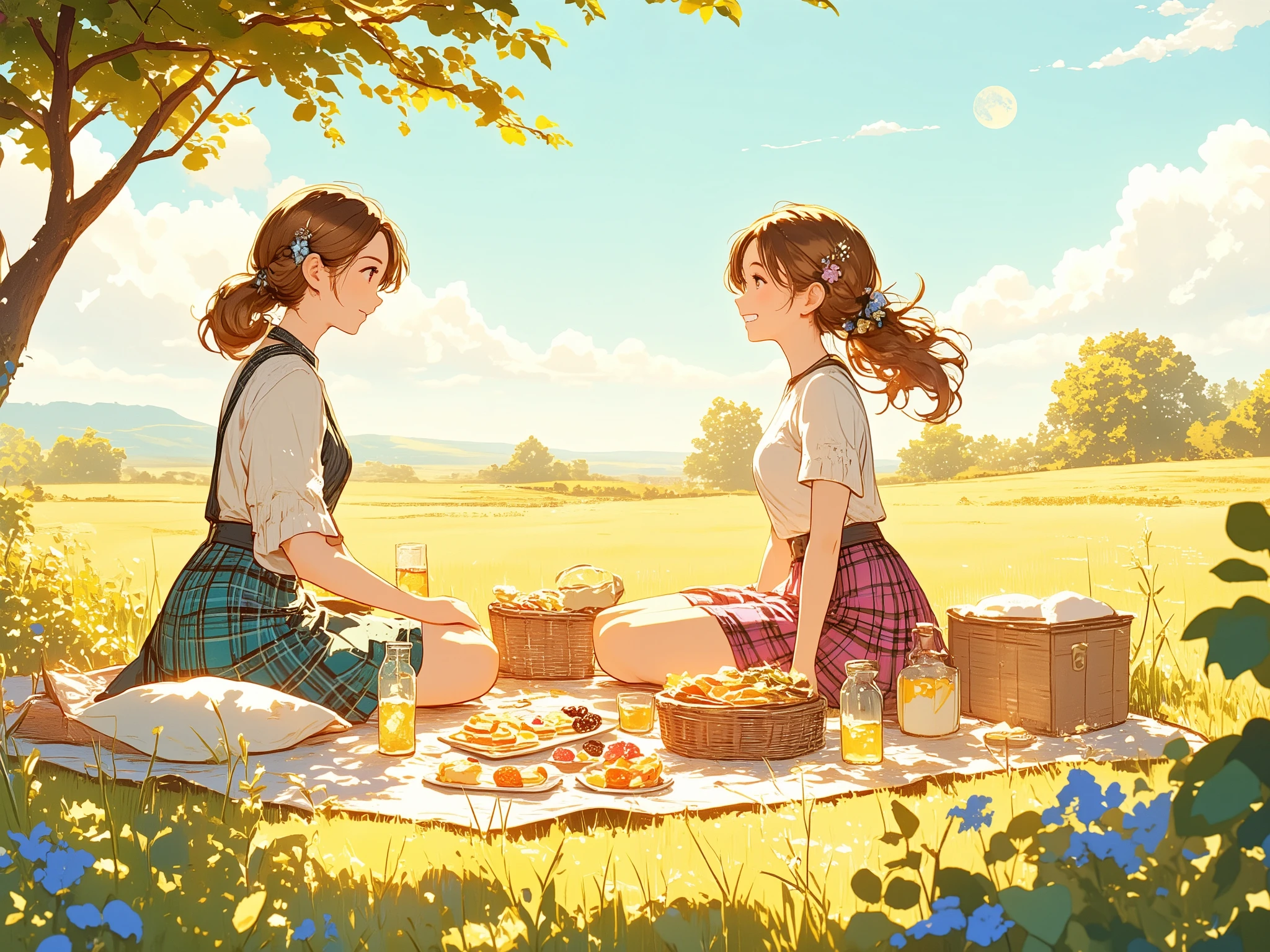 Illustration with light pink as the main color, On sunny day, two women are picnicking in a meadow, Lovely weather, The secret, They are relaxing in the sun, She looks up at the sky and finds the midday moon, Illustration of a Netherlands afternoon scene, The women are picnicking and smiling very prettily, Their tartan-check skirts look like Scottish folk costumes, Society