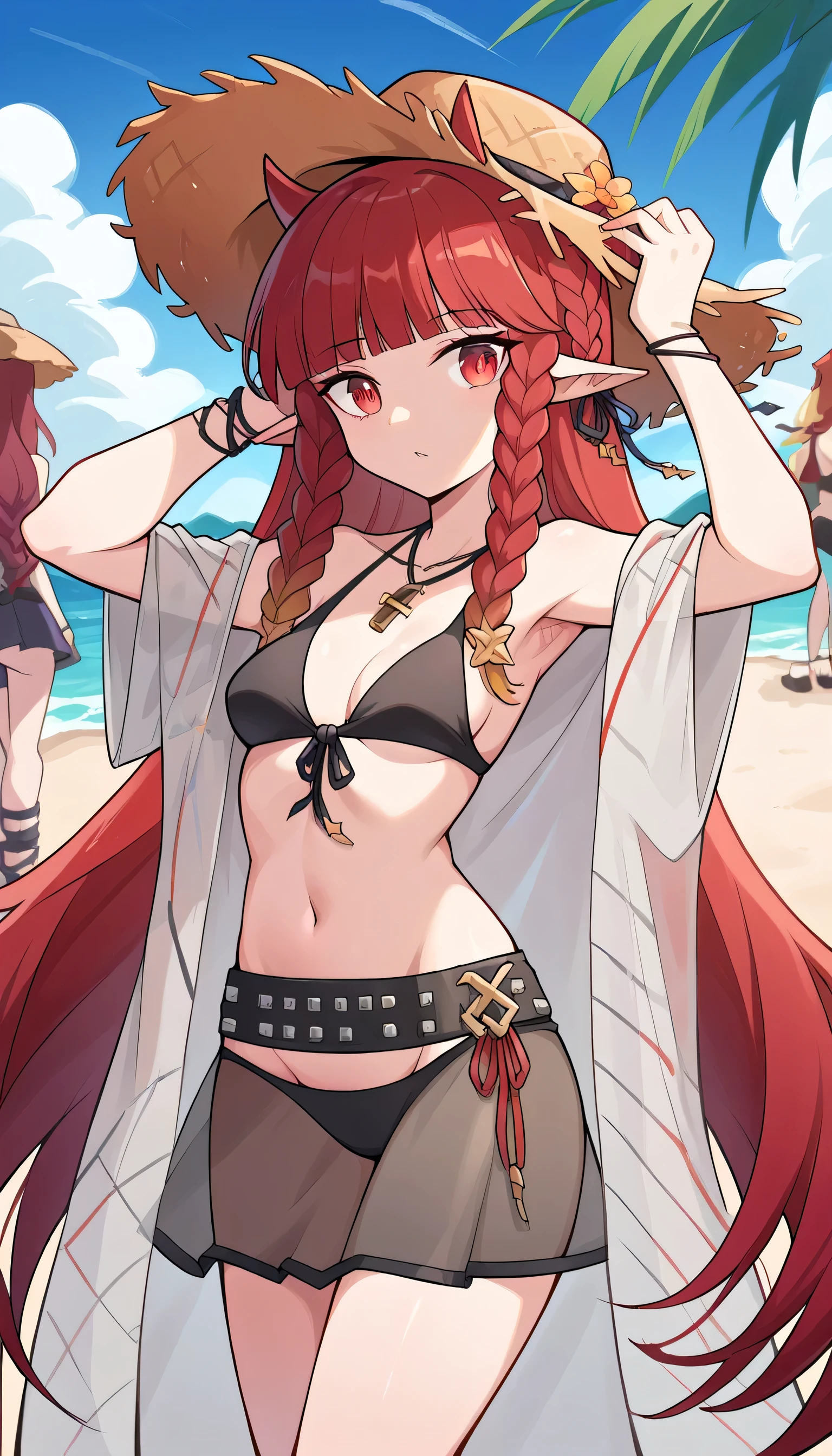 score_9, score_8_up, score_7_up, (arknights), long hair, Red Hair, pointed ears , red eyes, bangs, blunt bangs, side lock, , Gradient Hair , hair accessories, ヘアクリップ long hair,, bikini, bikini skirt, black bikini, braided , , See-through clothing, shawl, skirt, sun , swimsuit, twin ,, public park, , , Laughter, Bend your waist,, watching viewers, Alone,,, Straw Hat 、Belly button、Armpit、Groin、 small breasts