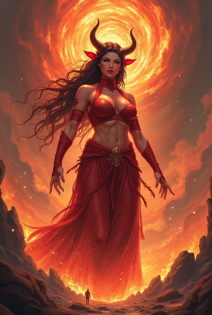 (a woman with fiery red hair and dark skin,fierce gaze,flowing robe:1.1,[portrait,sorceresysterious atmosphere,enchanted garden,glowing magical orbs,ancient ruins,fantastical creatures,spellbinding powers,ethereal beauty,[vivid colors,magical lighting],powerful presence,spellcasting)
