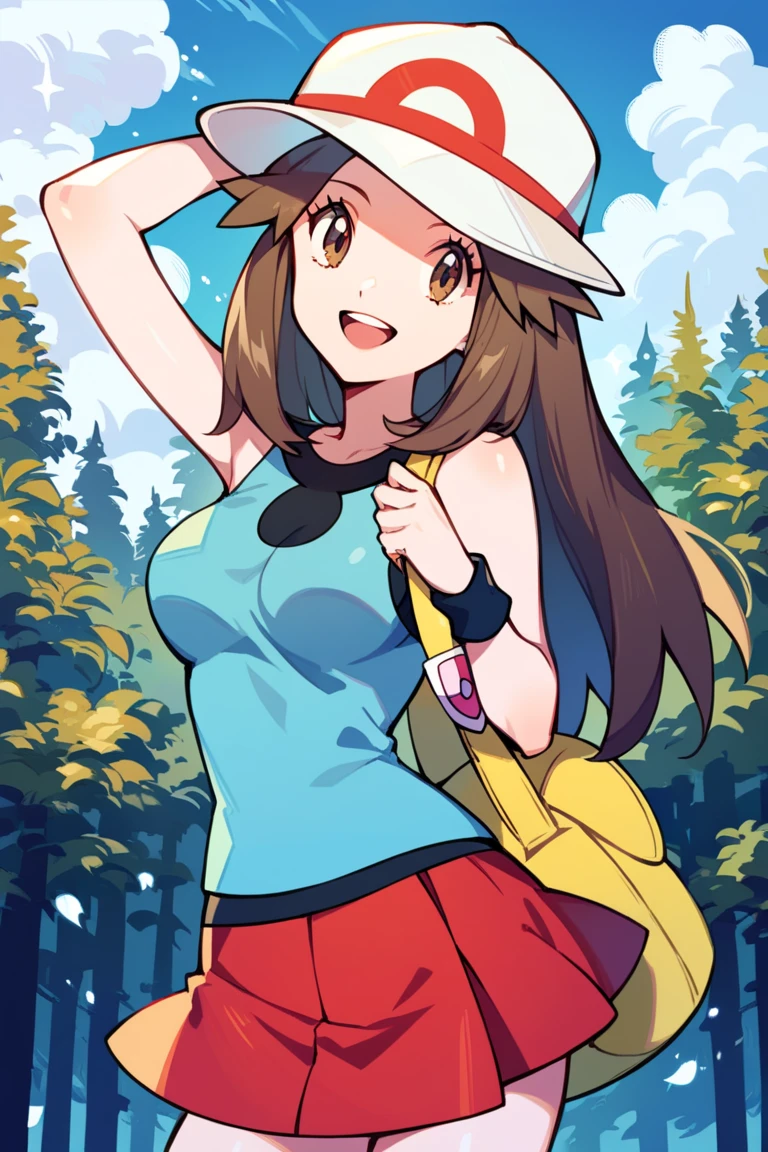 score_9, score_8_up, score_7_up, score_6_up, best quality, source_anime, cel shading, flat color, vector, detailed background, blue background, clouds, trees, forest, BREAK 1girl, solo, leaf_(\pokemon\), brown hair, long hair, brown eyes, white hat, blue sleeveless shirt, red skirt, blue socks, yellow duffle bag, wristbands, medium breasts, cowboy shot, looking at viewer, smile, open mouth, teeth, from behind, one hand on hat,