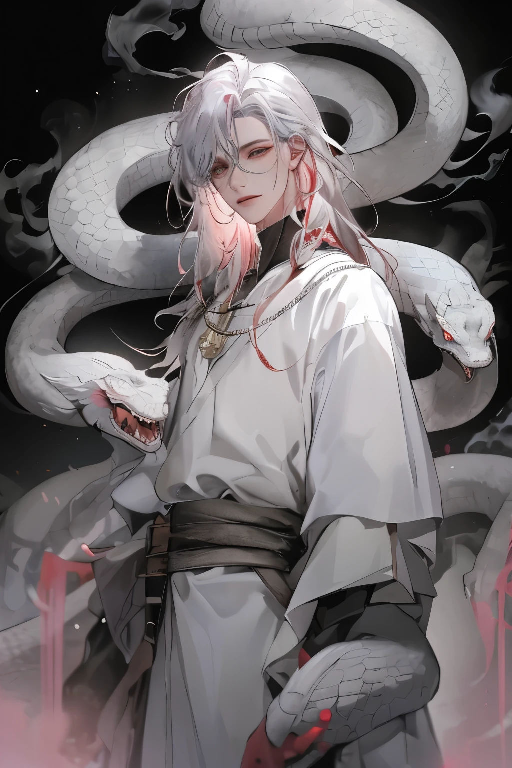 mtu,high and cold,cool guy,Snake Boy,white clothes,paleskin,National style beautiful boy,Pink White Long Hair,Evil laughter,unholy,long whitr hair,Blue-gray hair,White Snake,Poison curse,There is pink poisonous smoke around,Beautiful semi-three-dimensional,Realistic facial features,full bodyesbian,vivaciousness,Best picture quality,depth of fields,