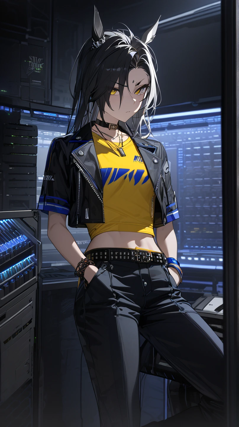  top quality , masterpiece,  high definition ,  Ultra Fine,, accurate, masterpiece, 
Dark interior, Dark Background,
 sitting, serverルーム, server,  keyboard \( computer \),  Monster Energy, cool woman ,
 yellow shirt,  yellow tank top,  side cutouts ,  black choker,  necklace, Short sleeve, Shoulder cutting,  crop top, Blue Collar,  cropped jacket,  black jacket,  open jacket, zipper,  wristbands,  bracelet , belt,
Horse ears, silver piercing above left eyebrow, closeup ,Hands in pockets, 1 girl, solo,  flat chested