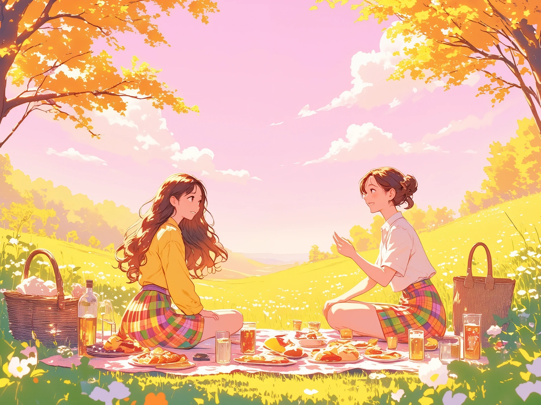 Illustration with light pink as the main color, On sunny day, two women are picnicking in a meadow, Lovely weather, The secret, They are relaxing in the sun, She looks up at the sky and finds the midday moon, Illustration of a Netherlands afternoon scene, The women are picnicking and smiling very prettily, Their tartan-check skirts look like Scottish folk costumes, Society