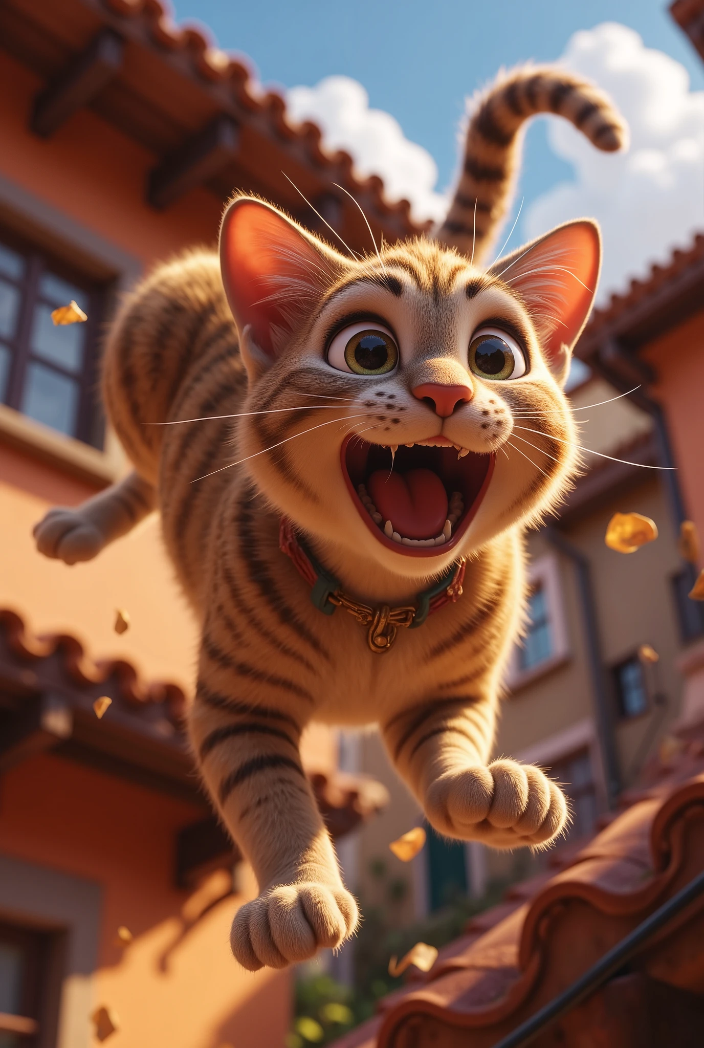 (8k, top quality, Masterpiece , Final Fantasy Style: 1.2),Atmospheric perspective, 8K, Very detailed, , (composition looking up from below,:1.3),  cat jumping off the roof, Roof of home, Rapid Descent, surprised expression, face tense, eyes wide, mouth wide open, close-up of front paw pads, Hair all over my body stands on end due to wind pressure, looking up from below composition,