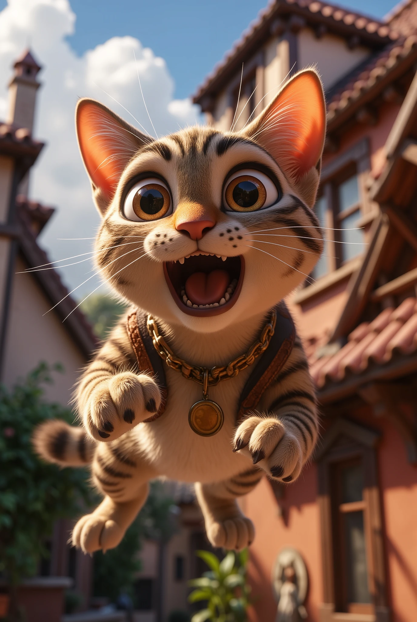 (8k, top quality, Masterpiece , Final Fantasy Style: 1.2),Atmospheric perspective, 8K, Very detailed, , (composition looking up from below,:1.3),  cat jumping off the roof, Roof of home, Rapid Descent, surprised expression, face tense, eyes wide, mouth wide open, close-up of front paw pads, Hair all over my body stands on end due to wind pressure, looking up from below composition,