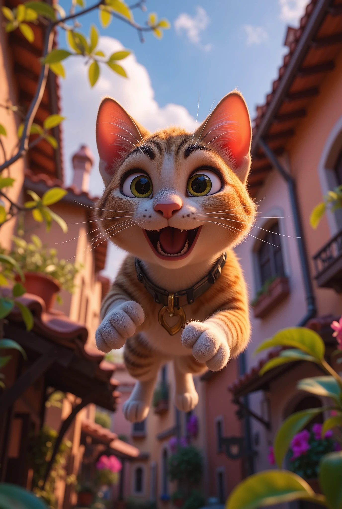 (8k, top quality, Masterpiece , Final Fantasy Style: 1.2),Atmospheric perspective, 8K, Very detailed, , (composition looking up from below,:1.3),  cat jumping off the roof, Roof of home, Rapid Descent, surprised expression, face tense, eyes wide, mouth wide open, close-up of front paw pads, Hair all over my body stands on end due to wind pressure, looking up from below composition,