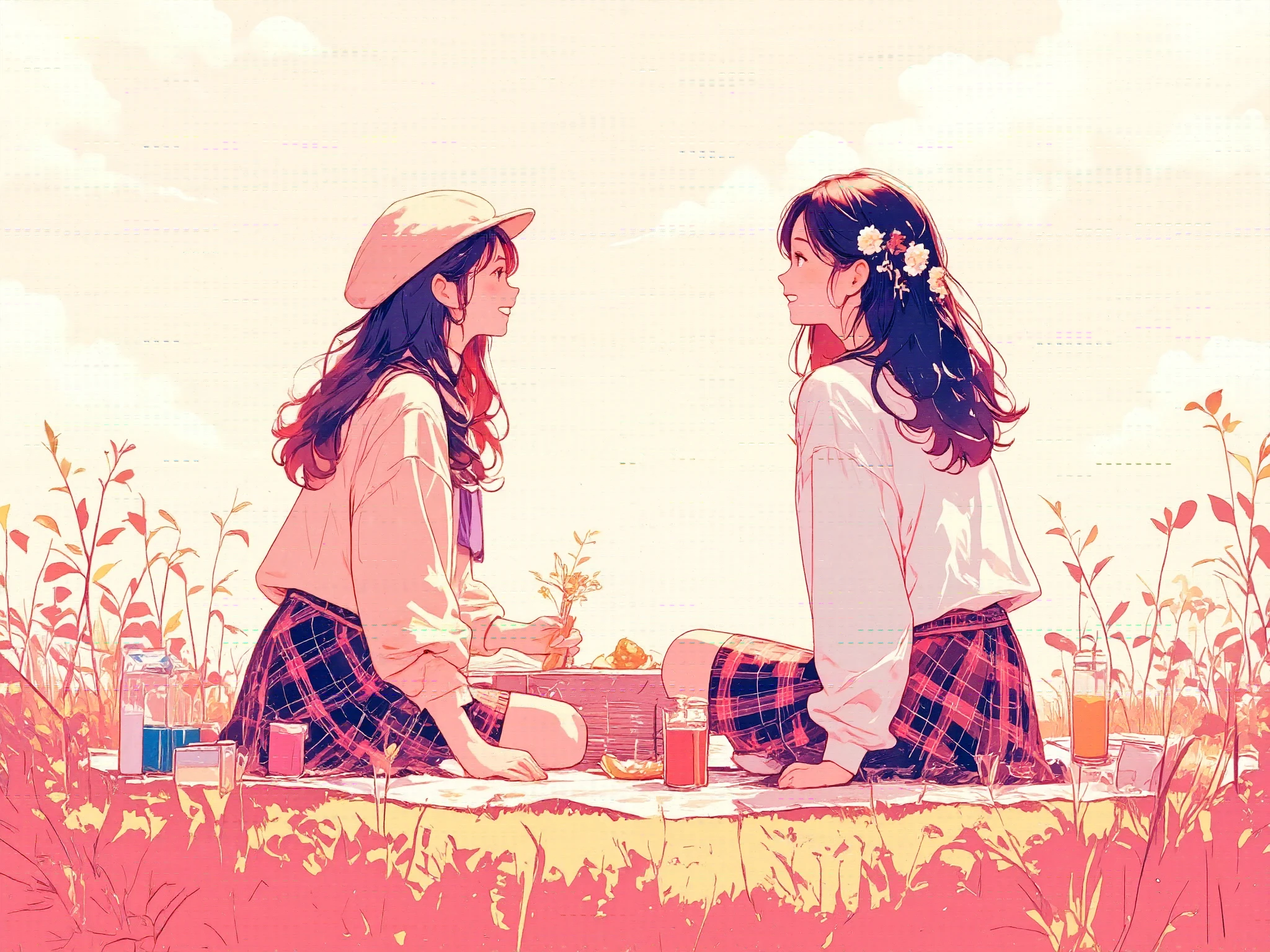 Illustration with light pink as the main color, On sunny day, two women are picnicking in a meadow, Lovely weather, The secret, They are relaxing in the sun, She looks up at the sky and finds the midday moon, Illustration of a Netherlands afternoon scene, The women are picnicking and smiling very prettily, Their tartan-check skirts look like Scottish folk costumes, Society