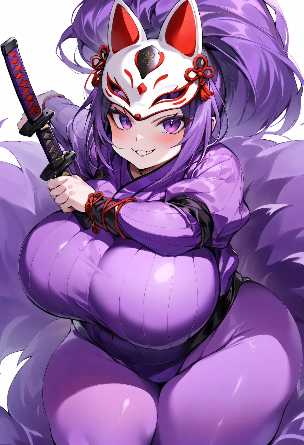 (uhd, masterpiece, anatomically correct, best quality, highres), a girl, Ninja, A beautiful and lustrous ponytail, Big breasts that are about to spill out, Plump thighs, Racy purple tights outfit:1.3, Holding a short sword, Legs apart in the air:1.3, Fox Mask, illustration, Full shot