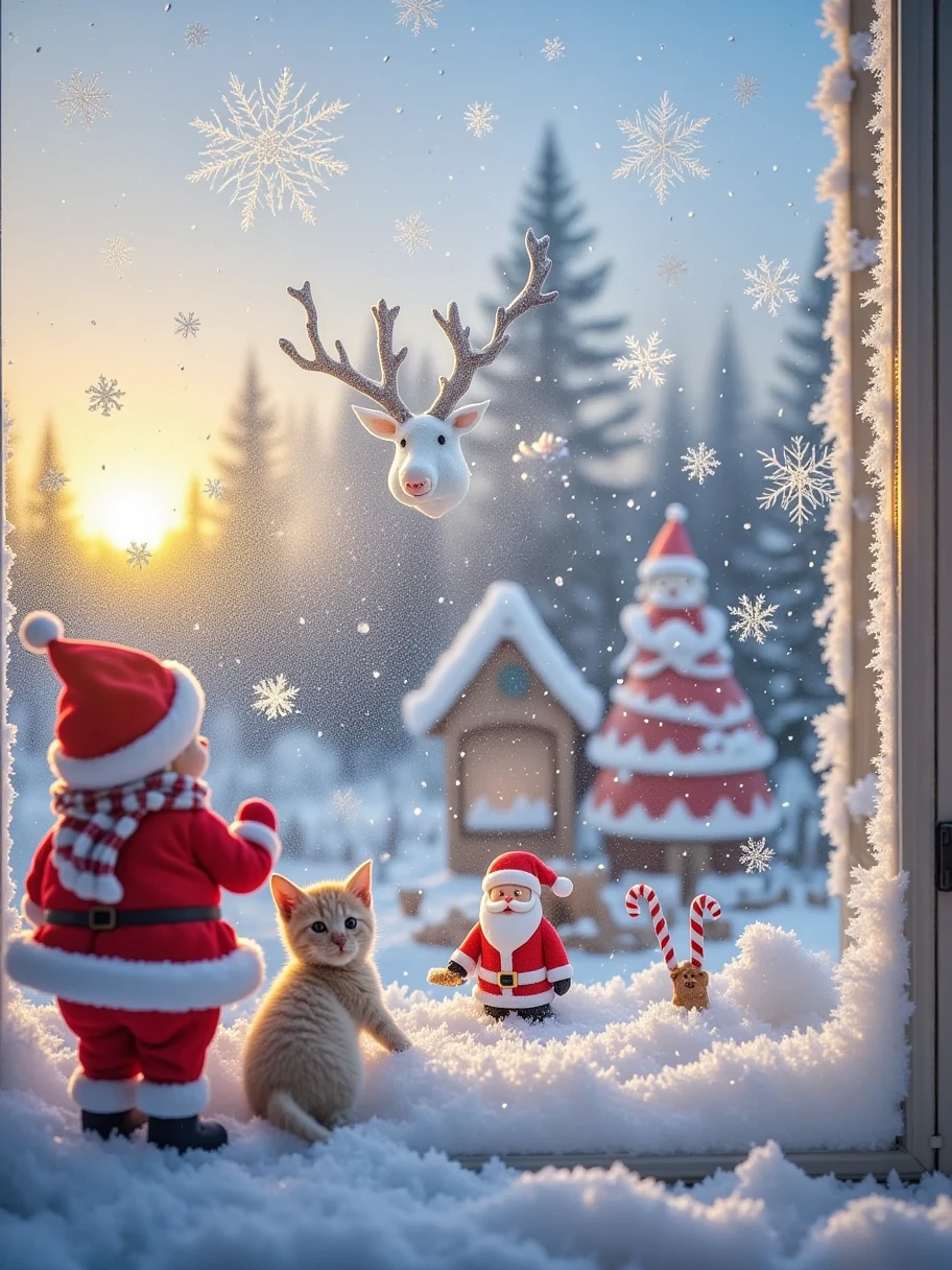  A Christmas house glass window ， paint with ice and snow on the glass window，White grainy ，Fantasy Christmas world，In a cosy room， 1  and 1  wearing Santa costumes enjoying Christmas dinner。 The room is arranged with a tall Christmas tree ， The tree is covered with shiny lanterns and colorful ornaments 。Next to it is a pile of gift boxes， The beautiful packaging reveals expectations and surprises 。Fireplace burning with warm flames，All kinds of Christmas decorations are placed around ， A funny picture of Santa is hanging on the wall 。 and tempting Christmas food is placed on the table ，like gingerbread cookies，Candy canes ，Candy, etc。 The kitten at the feet is lying on the Christmas carpet ，Wear a red scarf， white fog on glass ， paint the picture with your finger ，Sense of story， picture pure white ice and snow particles ，Pure white picture