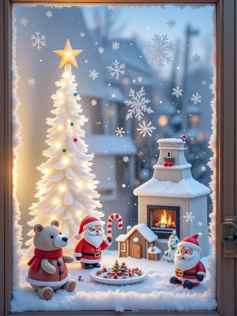  A Christmas house glass window ， paint with ice and snow on the glass window，White grainy ，Fantasy Christmas world，In a cosy room， 1  and 1  wearing Santa costumes enjoying Christmas dinner。 The room is arranged with a tall Christmas tree ， The tree is covered with shiny lanterns and colorful ornaments 。Next to it is a pile of gift boxes， The beautiful packaging reveals expectations and surprises 。Fireplace burning with warm flames，All kinds of Christmas decorations are placed around ， A funny picture of Santa is hanging on the wall 。 and tempting Christmas food is placed on the table ，like gingerbread cookies，Candy canes ，Candy, etc。 The kitten at the feet is lying on the Christmas carpet ，Wear a red scarf， white fog on glass ， paint the picture with your finger ，Sense of story， picture pure white ice and snow particles ，Pure white picture