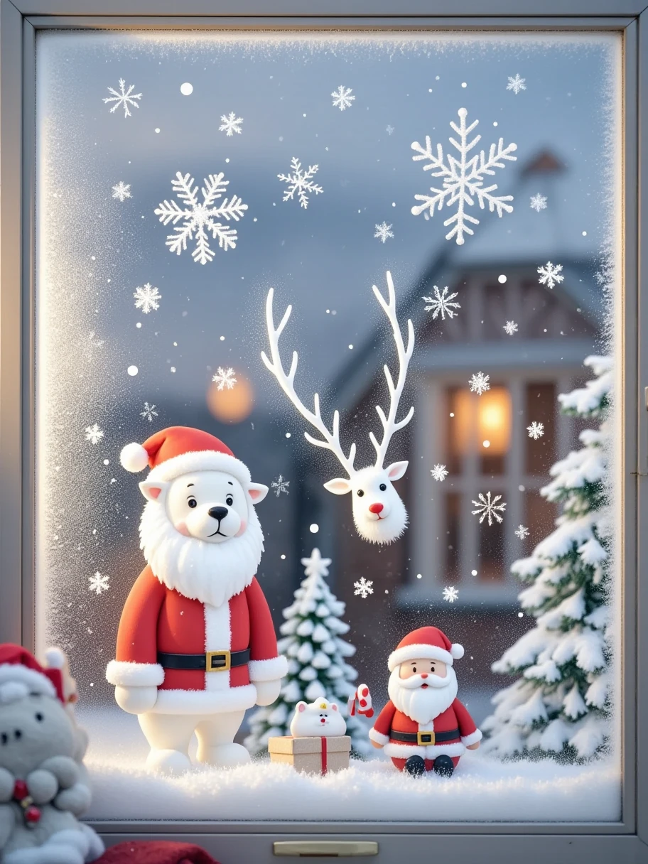  A Christmas house glass window ， paint with ice and snow on the glass window，White grainy ，Fantasy Christmas world，In a cosy room， 1  and 1  wearing Santa costumes enjoying Christmas dinner。 The room is arranged with a tall Christmas tree ， The tree is covered with shiny lanterns and colorful ornaments 。Next to it is a pile of gift boxes， The beautiful packaging reveals expectations and surprises 。Fireplace burning with warm flames，All kinds of Christmas decorations are placed around ， A funny picture of Santa is hanging on the wall 。 and tempting Christmas food is placed on the table ，like gingerbread cookies，Candy canes ，Candy, etc。 The kitten at the feet is lying on the Christmas carpet ，Wear a red scarf， white fog on glass ， paint the picture with your finger ，Sense of story， picture pure white ice and snow particles ，Pure white picture