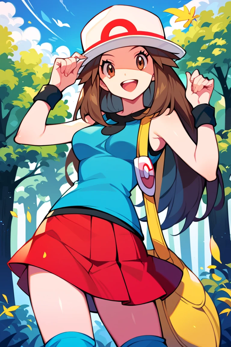 score_9, score_8_up, score_7_up, score_6_up, best quality, source_anime, cel shading, flat color, vector, detailed background, blue background, clouds, trees, forest, BREAK 1girl, solo, leaf_(\pokemon\), brown hair, long hair, brown eyes, white hat, blue sleeveless shirt, red skirt, blue socks, yellow duffle bag, wristbands, medium breasts, cowboy shot, looking at viewer, smile, open mouth, teeth, from behind, one hand on hat, pinch skirt by one hand, 