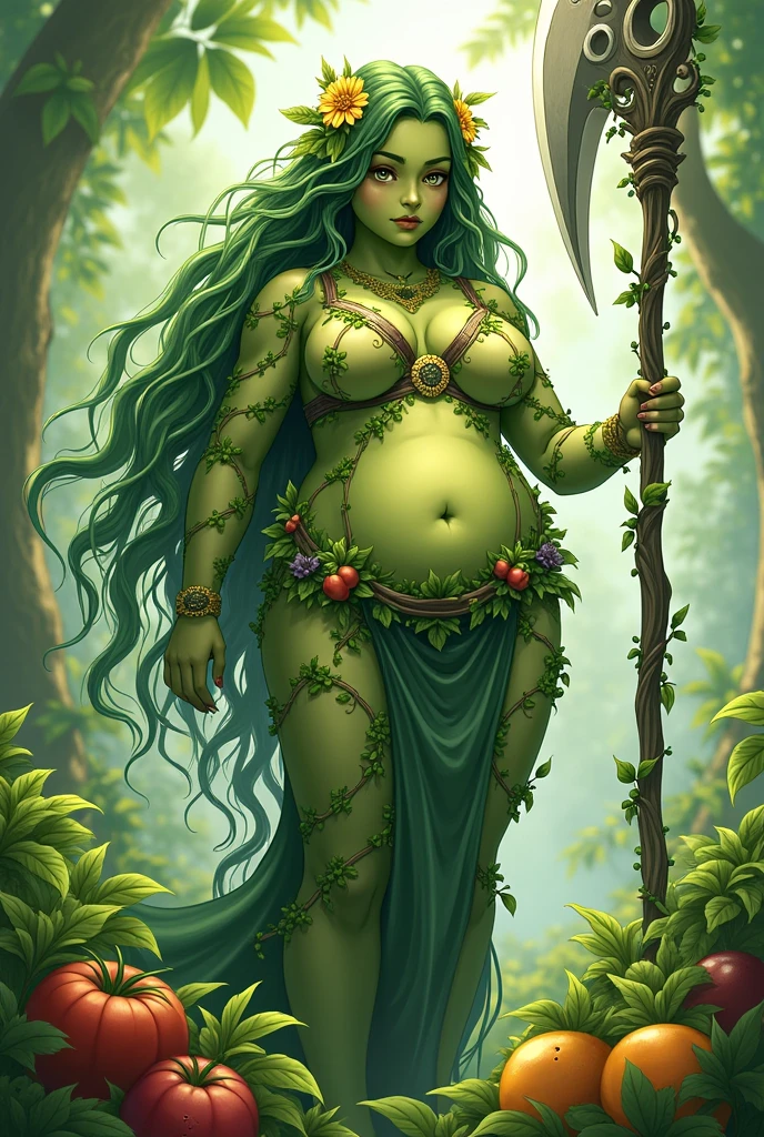 Anime style. Female. Plump and beautiful. Green skin tone. Clothes made of vines and flowers. Long green hair made of vines. Shy personality. Goddess of nature and harvest. Holding a scythe 