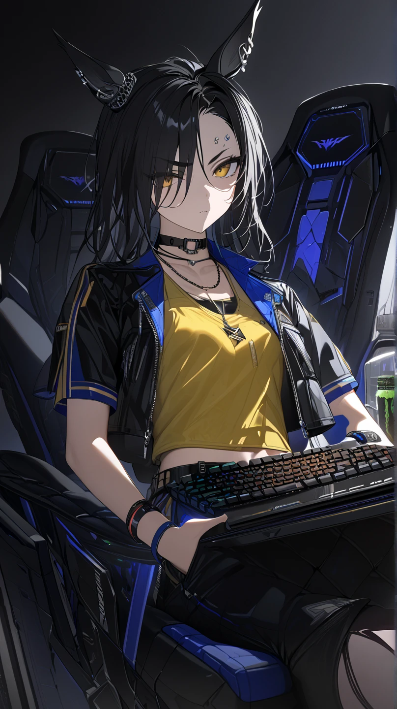  top quality , masterpiece,  high definition ,  Ultra Fine,, accurate, masterpiece, 
Dark interior, Dark Background,
 sitting,  Gaming Chair,serverルーム, server,  keyboard \( computer \),  Monster Energy, cool woman ,
 yellow shirt,  yellow tank top,  side cutouts ,  black choker,  necklace, Short sleeve, Shoulder cutting,  crop top, Blue Collar,  cropped jacket,  black jacket,  open jacket, zipper,  wristbands,  bracelet , belt,
Horse ears, silver piercing above left eyebrow, closeup ,Hands in pockets, 1 girl, solo,  flat chested