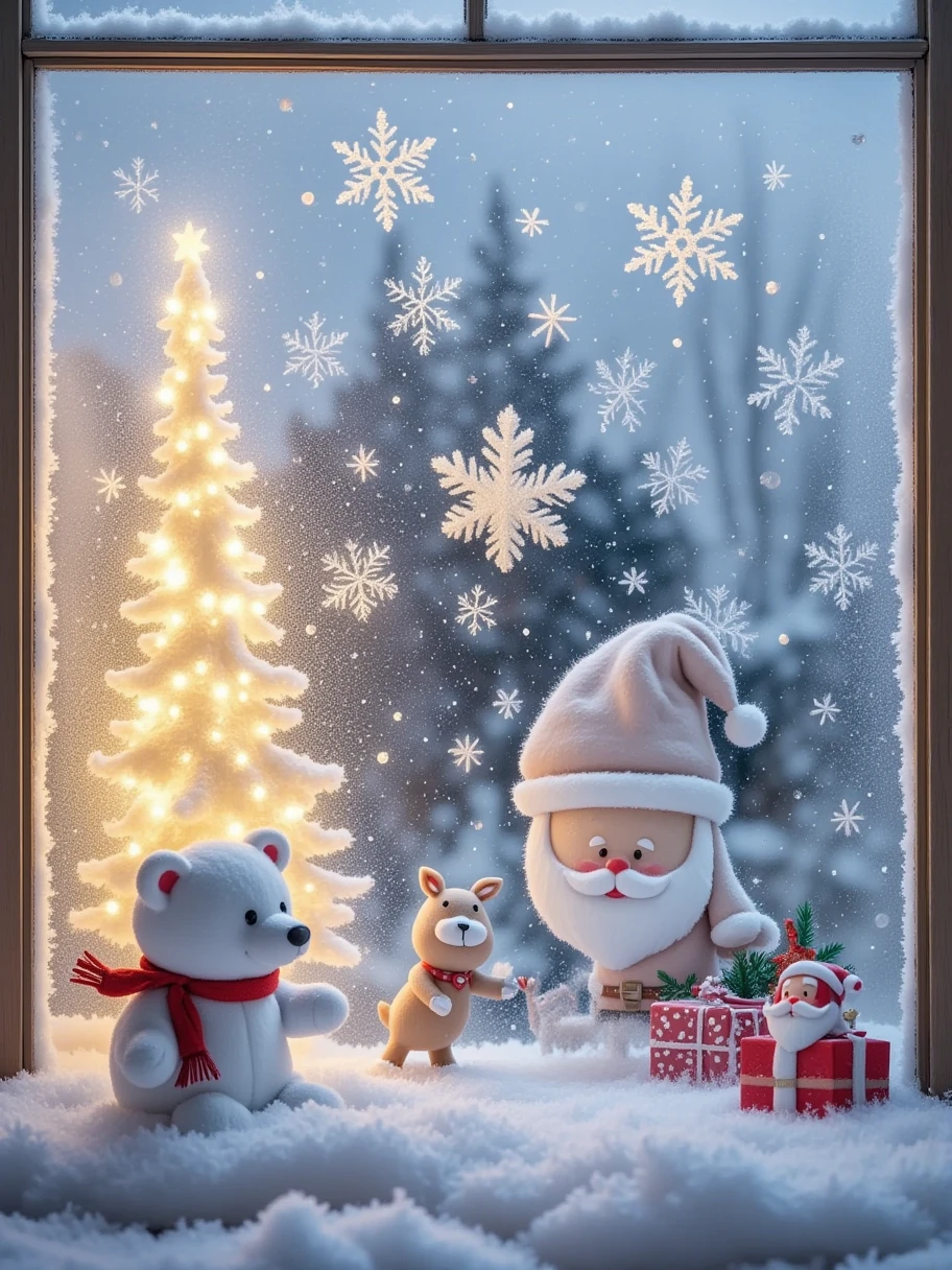  A Christmas house glass window ， paint with ice and snow on the glass window，White grainy ，Fantasy Christmas world，In a cosy room， 1  and 1  wearing Santa costumes enjoying Christmas dinner。 The room is arranged with a tall Christmas tree ， The tree is covered with shiny lanterns and colorful ornaments 。Next to it is a pile of gift boxes， The beautiful packaging reveals expectations and surprises 。Fireplace burning with warm flames，All kinds of Christmas decorations are placed around ， A funny picture of Santa is hanging on the wall 。 and tempting Christmas food is placed on the table ，like gingerbread cookies，Candy canes ，Candy, etc。 The kitten at the feet is lying on the Christmas carpet ，Wear a red scarf， white fog on glass ， paint the picture with your finger ，Sense of story， picture pure white ice and snow particles ，Pure white picture