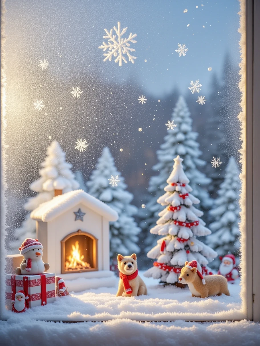  A Christmas house glass window ， paint with ice and snow on the glass window，White grainy ，Fantasy Christmas world，In a cosy room， 1  and 1  wearing Santa costumes enjoying Christmas dinner。 The room is arranged with a tall Christmas tree ， The tree is covered with shiny lanterns and colorful ornaments 。Next to it is a pile of gift boxes， The beautiful packaging reveals expectations and surprises 。Fireplace burning with warm flames，All kinds of Christmas decorations are placed around ， A funny picture of Santa is hanging on the wall 。 and tempting Christmas food is placed on the table ，like gingerbread cookies，Candy canes ，Candy, etc。 The kitten at the feet is lying on the Christmas carpet ，Wear a red scarf， white fog on glass ， paint the picture with your finger ，Sense of story， picture pure white ice and snow particles ，Pure white picture