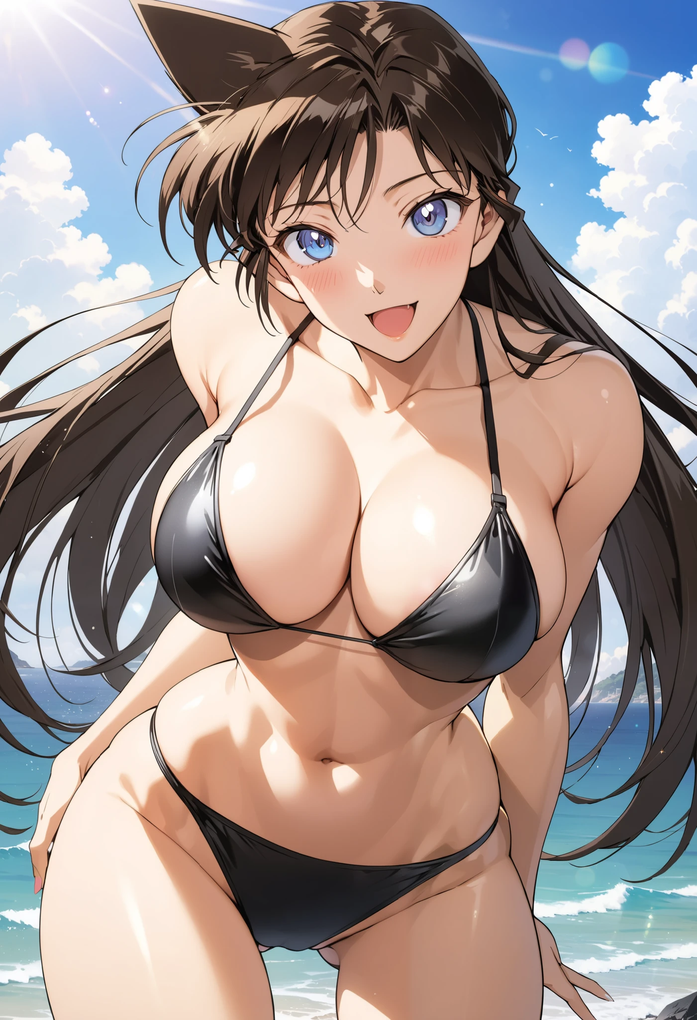 masterpiece, Best Quality, High resolution,16k,official art,super detailed skin,detailed,animated painting,Anime-style painting style, 1990s \(style\),(F cup beautiful breasts)、25years old, (tall:1.2),height: 175cm,Fashion model body type,athletic muscular,
mouri ran, 1girl, solo, smile, brown hair, blue eyes, long hair, open mouth, breasts, lens flare, medium breasts,sexy black swimwear, (mouri ran),sexy,(ahegao,vulgarity:1.1),blush,shy,cowboy shot, looking at viewer, sexy pose, sea, outdoors, sunlight,superfine,extreme closeup shot