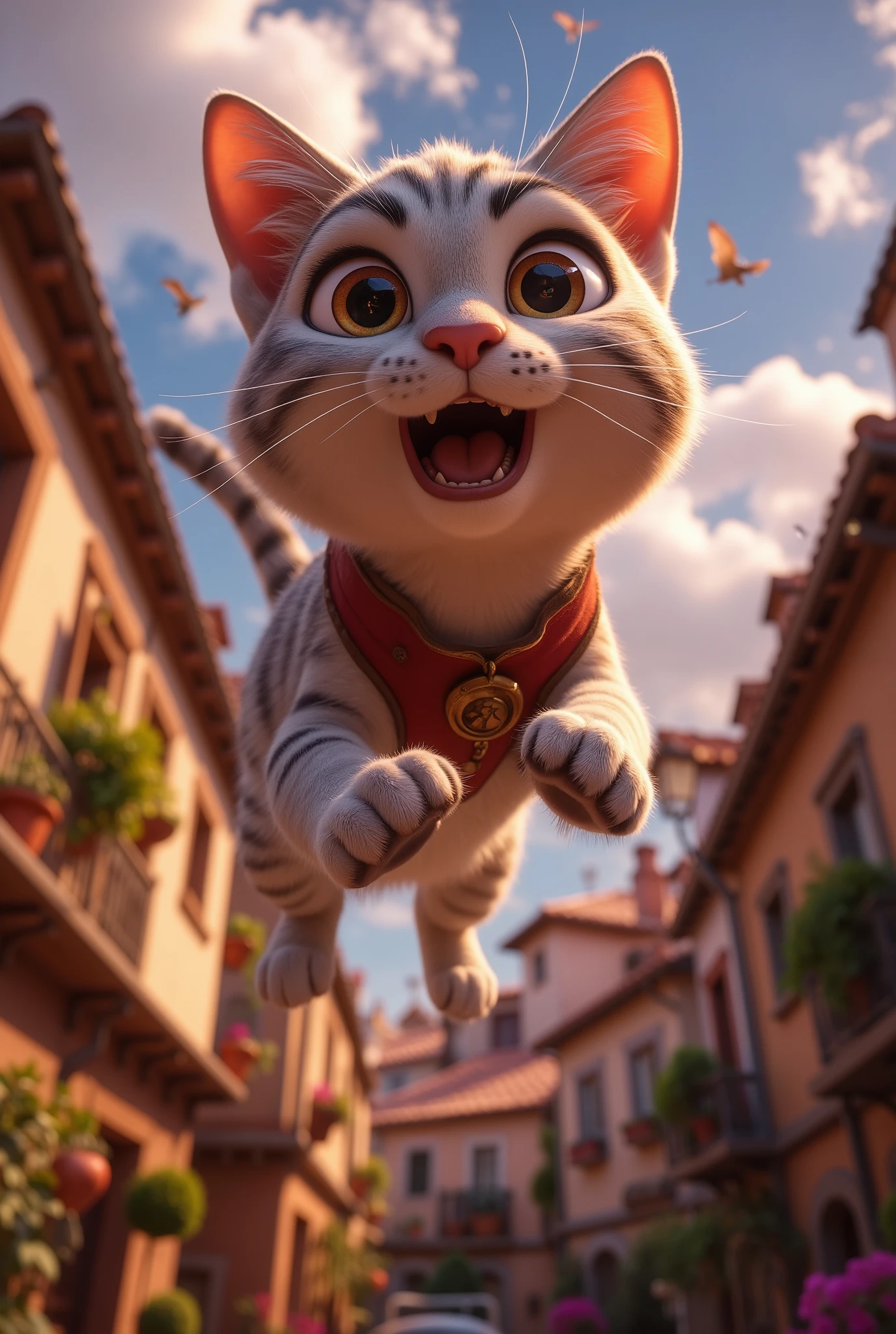 (8k, top quality, Masterpiece , Final Fantasy Style: 1.2),Atmospheric perspective, 8K, Very detailed, , (composition looking up from below,:1.3),  cat jumping off the roof, Roof of home, Rapid Descent, surprised expression, face tense, eyes wide, mouth wide open, close-up of front paw pads, Hair all over my body stands on end due to wind pressure, looking up from below composition,