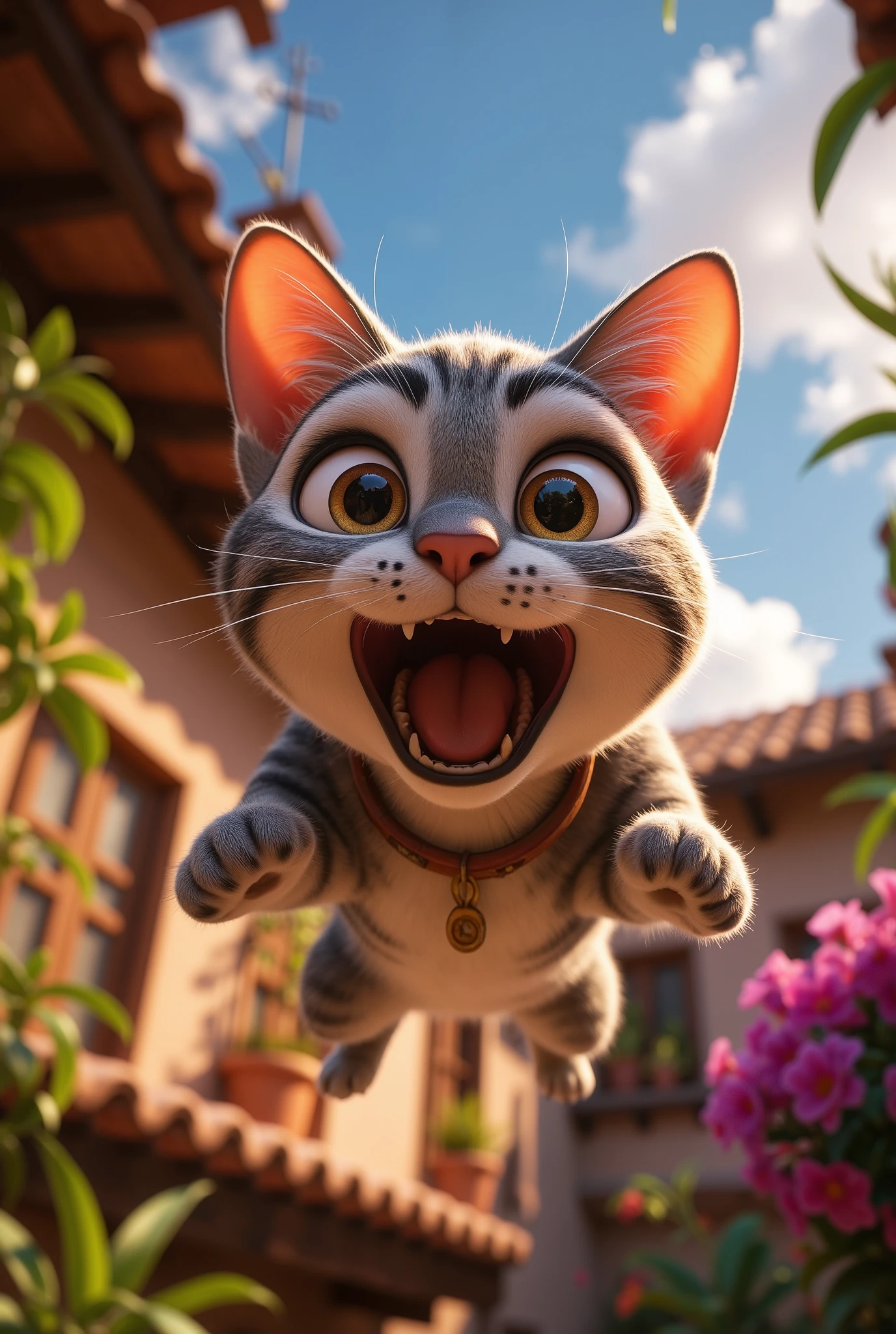 (8k, top quality, Masterpiece , Final Fantasy Style: 1.2),Atmospheric perspective, 8K, Very detailed, , (composition looking up from below,:1.3),  cat jumping off the roof, Roof of home, Rapid Descent, surprised expression, face tense, eyes wide, mouth wide open, close-up of front paw pads, Hair all over my body stands on end due to wind pressure, looking up from below composition,