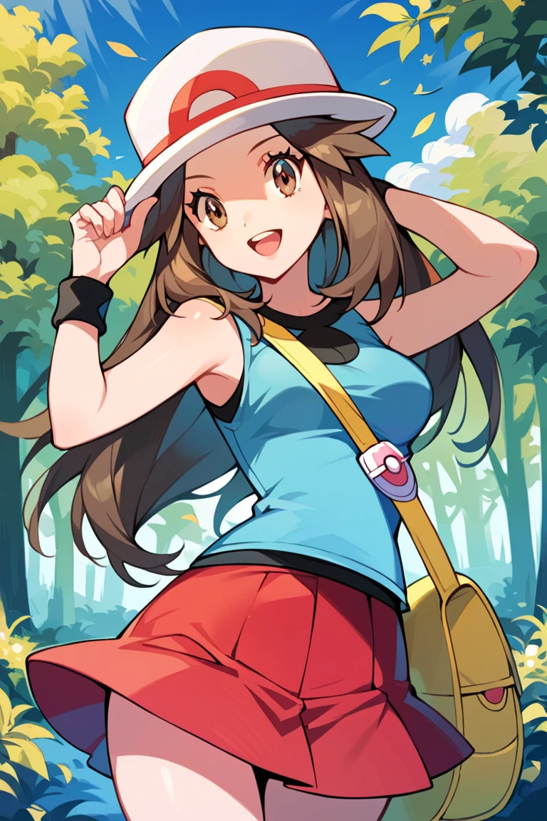 score_9, score_8_up, score_7_up, score_6_up, best quality, source_anime, cel shading, flat color, vector, detailed background, blue background, clouds, trees, forest, BREAK 1girl, solo, leaf_(\pokemon\), brown hair, long hair, brown eyes, white hat, blue sleeveless shirt, red skirt, blue socks, yellow duffle bag, wristbands, medium breasts, cowboy shot, looking at viewer, smile, open mouth, teeth, from behind, one hand on hat, pinch skirt by one hand, 