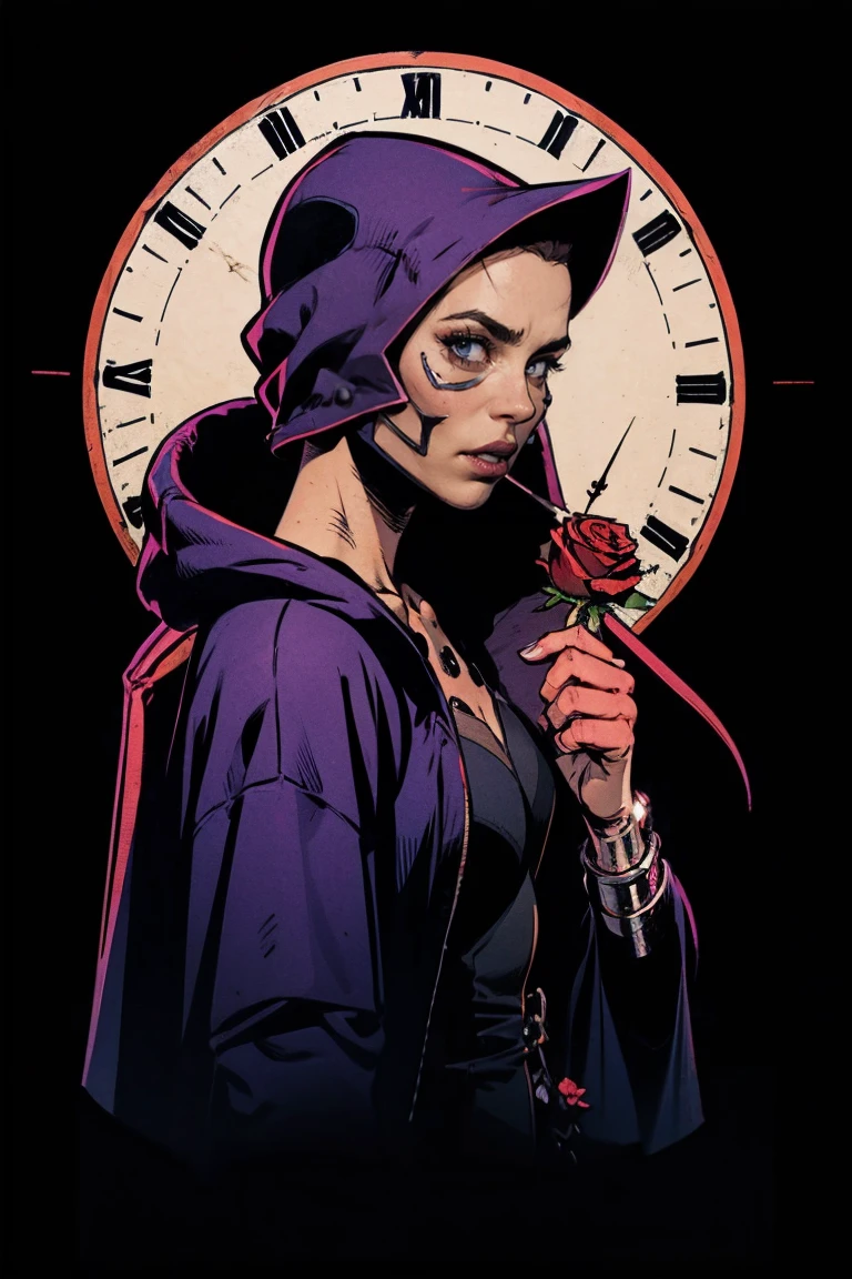 Food, grim Reaper, woman, Alone,  Robe, Food up,  clock, Black Rose,  black background, {half mask| covers only the mouth, skull design |1.1}, Soul Hunt,  reaper ,punk,  draw the upper body,