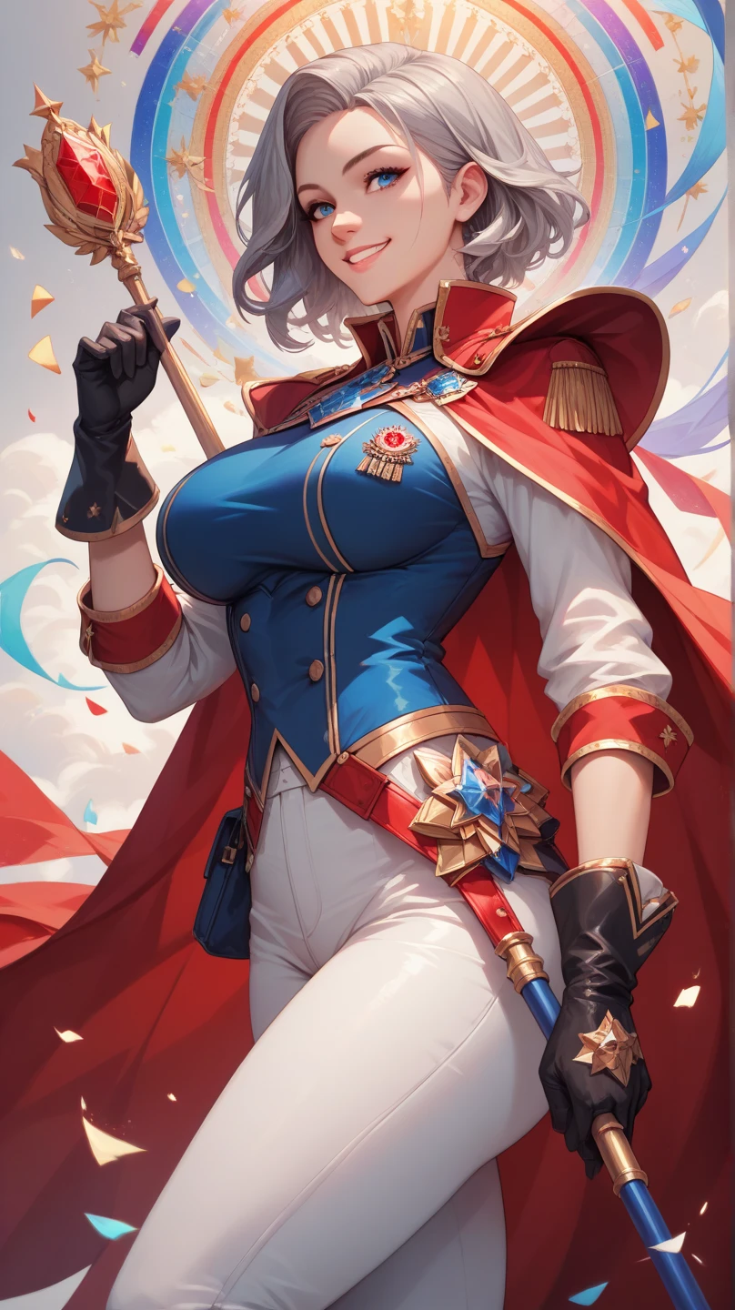 ,colorful,(masterpiece:1,2), best quality, masterpiece, highres, original, extremely detailed wallpaper, 1girl ,smile,solo, grey hair, blue eyes, original_outfits,red cape,white pants, gloves, breasts, uniform, large breasts