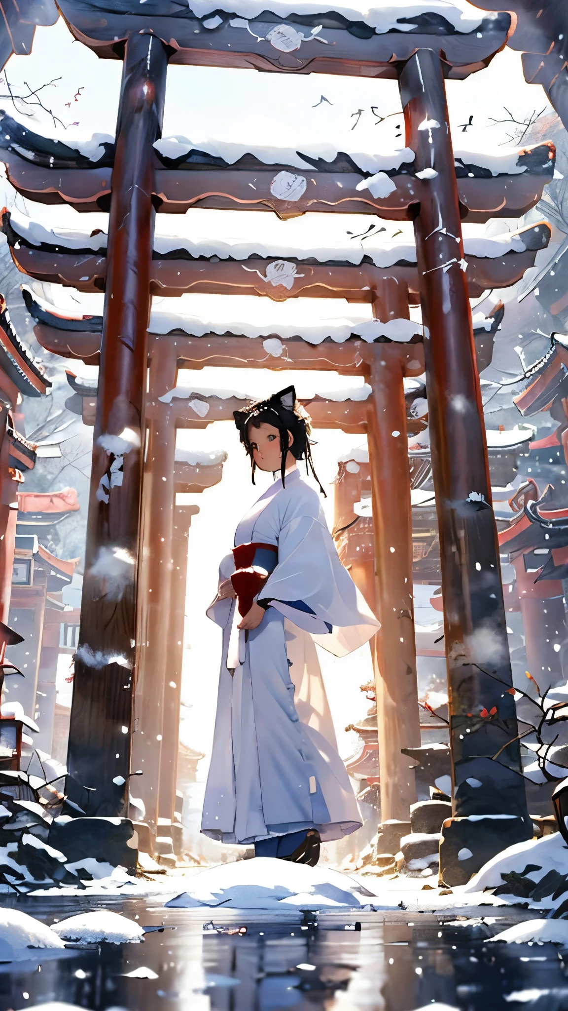 ((masterpiece:1.2)), (( top quality :1.2)),  1 Shinto Shrine Maiden((Cat ears, (Priestess Outfit :1.3), Tied black hair, (blue shining eyes:1.2), [Cat ears:1.4])), (gentle eyes and face ), (snowの積もった鳥居の後ろで美しい1匹の白蛇がいる:1.3), (snowの積もった石階段を降りて歩いている:1.5), ((whole body:1.3, from below:1.2)), background\(snow, Shrine Garden :1.3), (Double exposure), (Soft layer, Wide range of colors), (deep, gentle color), (( accurate anatomy:1.5, The right move)),  Her reflection blends into the nature around her, ( natural light:1.3),  Solemn Atmosphere ,  Impressive Clarity , soft glow,  An atmosphere that makes you feel happy and kind,  Beautiful depiction of spectacular composition and proportions , Mysterious, snow, snow, snow, light