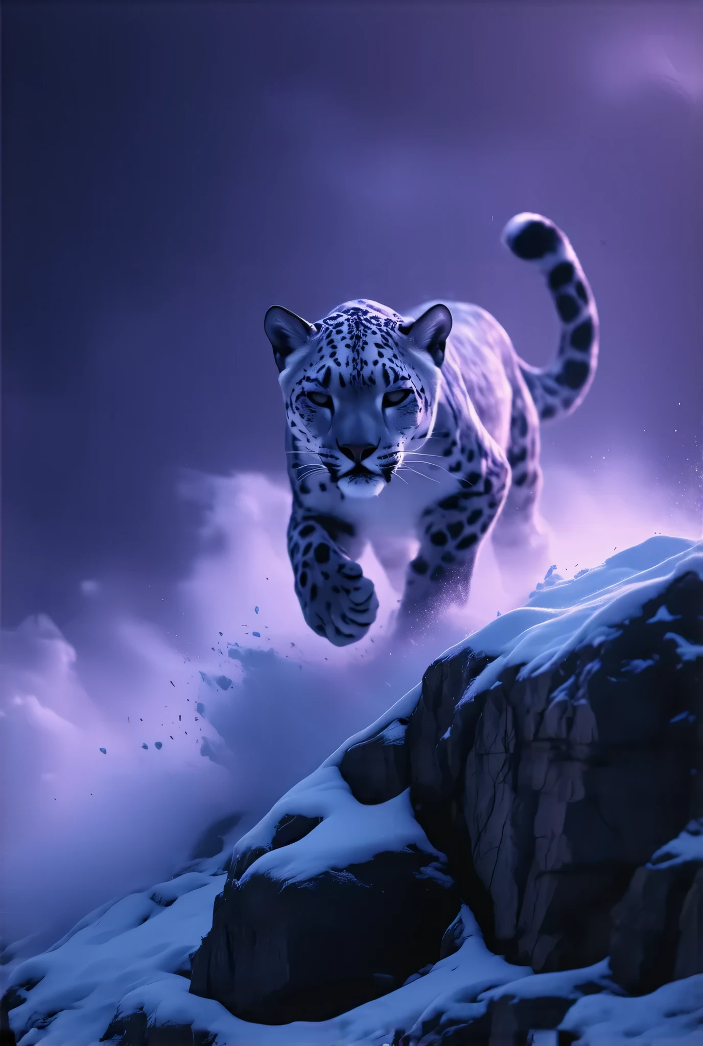 (8k, top quality, Masterpiece , Final Fantasy Style: 1.2),Atmospheric perspective, 8K, Very detailed, A snowy field on a quiet night, A snowy field at a quiet night, (looking up from below composition,:1.3), a snow leopard wearing pure white winter fur,A snow leopard is jumping off a cliff in pursuit of its prey, running rapidly down the steep cliff of a snowy mountain, raising snow smoke, keen eyes, dynamic, ferocious, murderous, Moonlit night, clear air, night fog, sparkling ice particles in the air, , The sky turns eerily purple