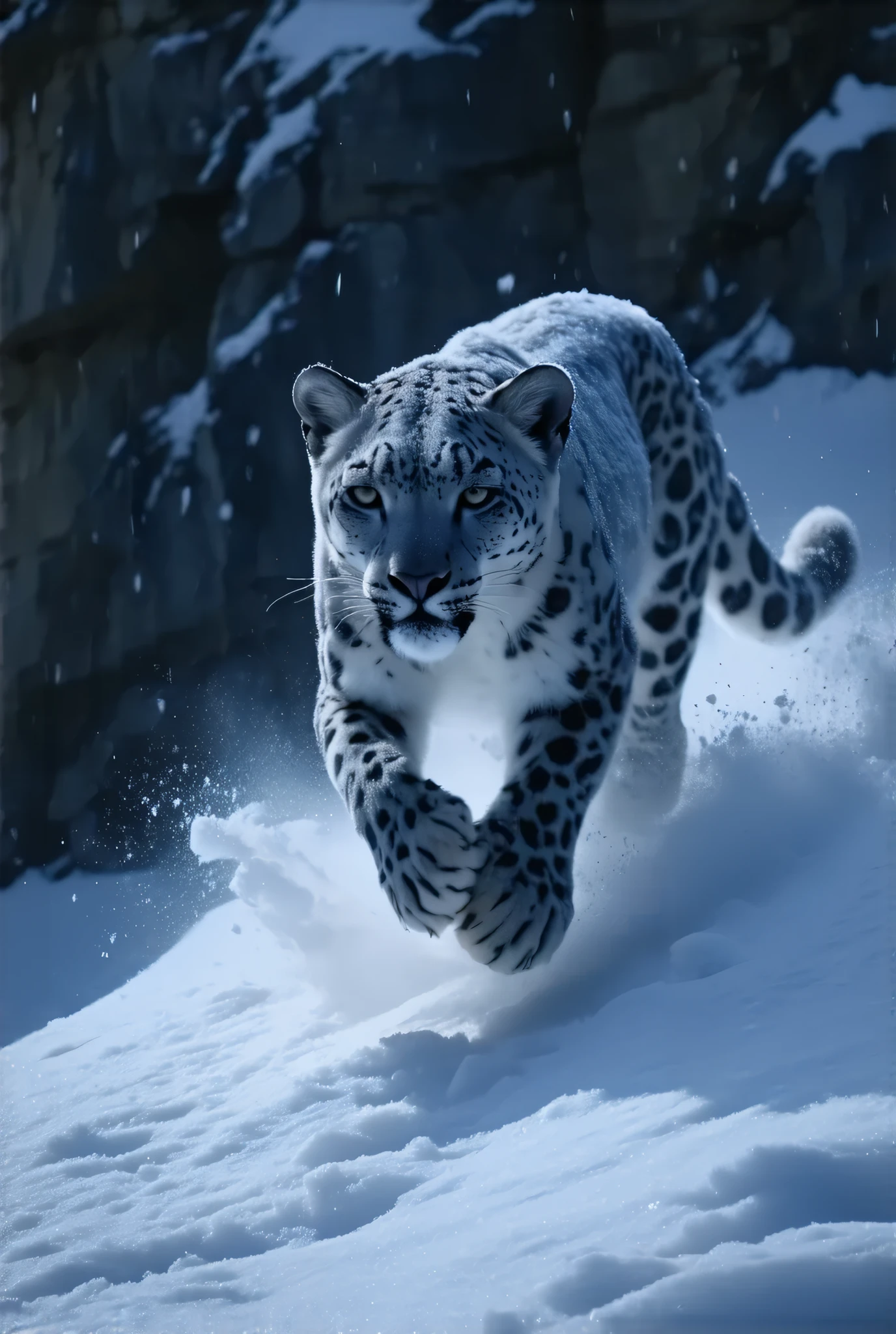 (8k, top quality, Masterpiece , Final Fantasy Style: 1.2),Atmospheric perspective, 8K, Very detailed, A snowy field on a quiet night, A snowy field at a quiet night, (looking up from below composition,:1.3), a snow leopard wearing pure white winter fur,A snow leopard is jumping off a cliff in pursuit of its prey, running rapidly down the steep cliff of a snowy mountain, raising snow smoke, keen eyes, dynamic, ferocious, murderous, Moonlit night, clear air, night fog, sparkling ice particles in the air, , The sky turns eerily purple