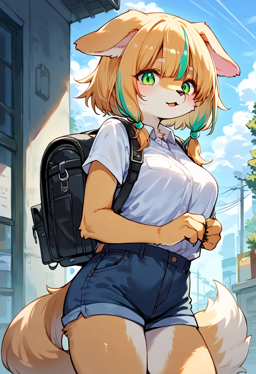 score_9, score_8_up, score_7_up, score_6_up, score_5_up, score_4_up, source_anime, best quality, amazing quality, very aesthetic, absurdres, 1girl, (furry, kemono:1.3), dog girl, dog tail, streaked hair, green eyes, A woman with a backpack flutters in the sky. A woman flaps her arms and legs with a startled expression.