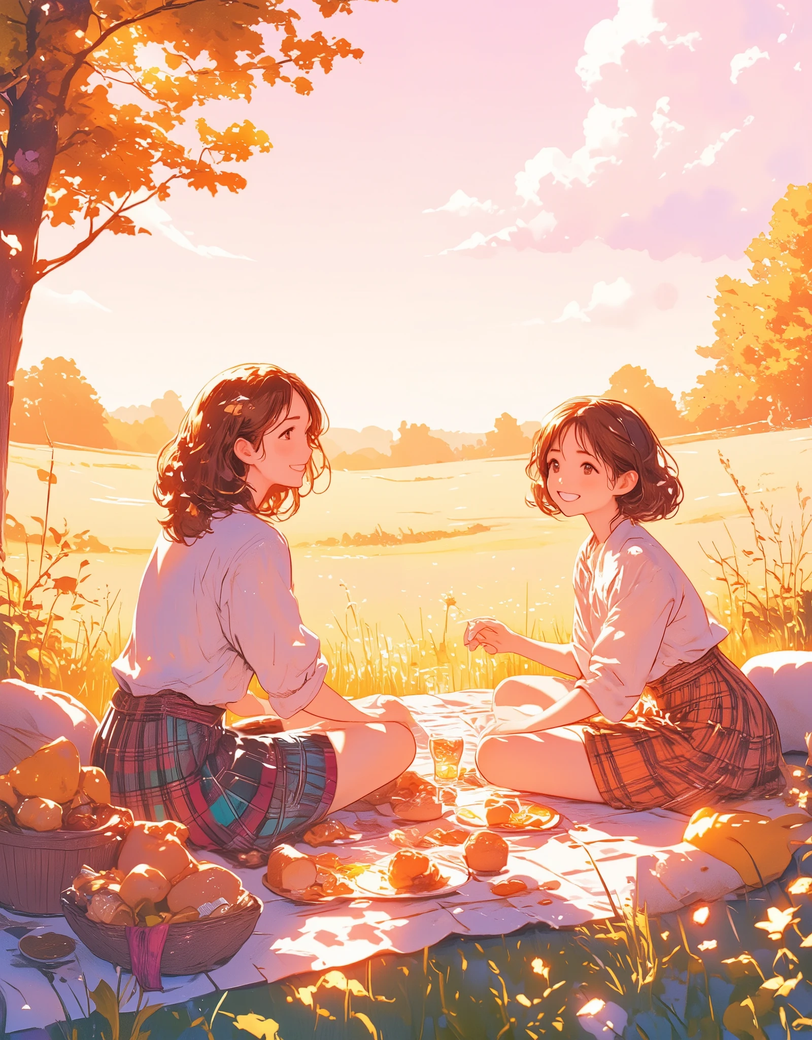 Illustration with light pink as the main color, On sunny day, two women are picnicking in a meadow, Lovely weather, The secret, They are relaxing in the sun, She looks up at the sky and finds the midday moon, Illustration of a Netherlands afternoon scene, The women are picnicking and smiling very prettily, Their tartan-check skirts look like Scottish folk costumes, Society