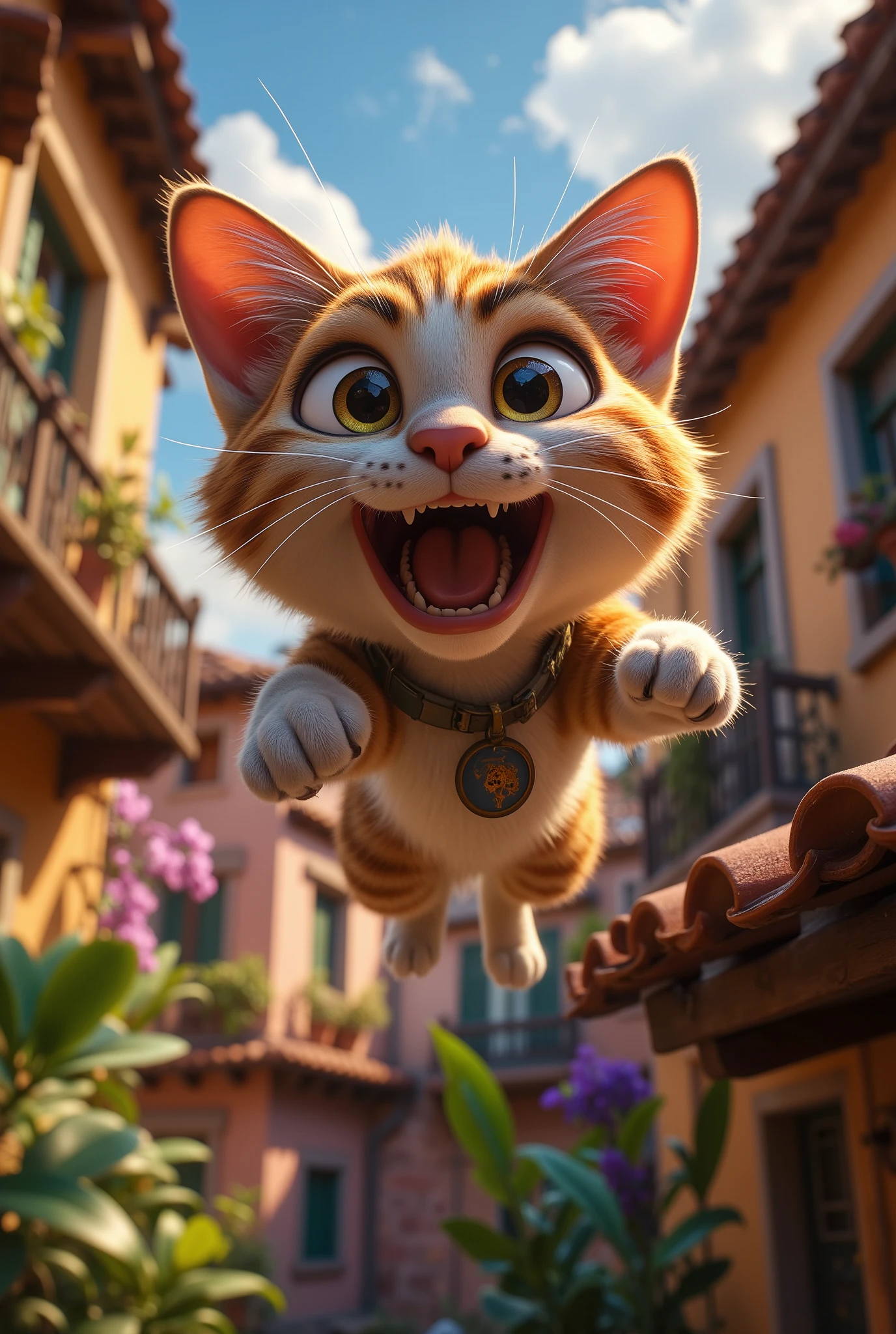 (8k, top quality, Masterpiece , Final Fantasy Style: 1.2),Atmospheric perspective, 8K, Very detailed, , (composition looking up from below,:1.3),  cat jumping off the roof, Roof of home, Rapid Descent, surprised expression, face tense, eyes wide, mouth wide open, close-up of front paw pads, Hair all over my body stands on end due to wind pressure, looking up from below composition,