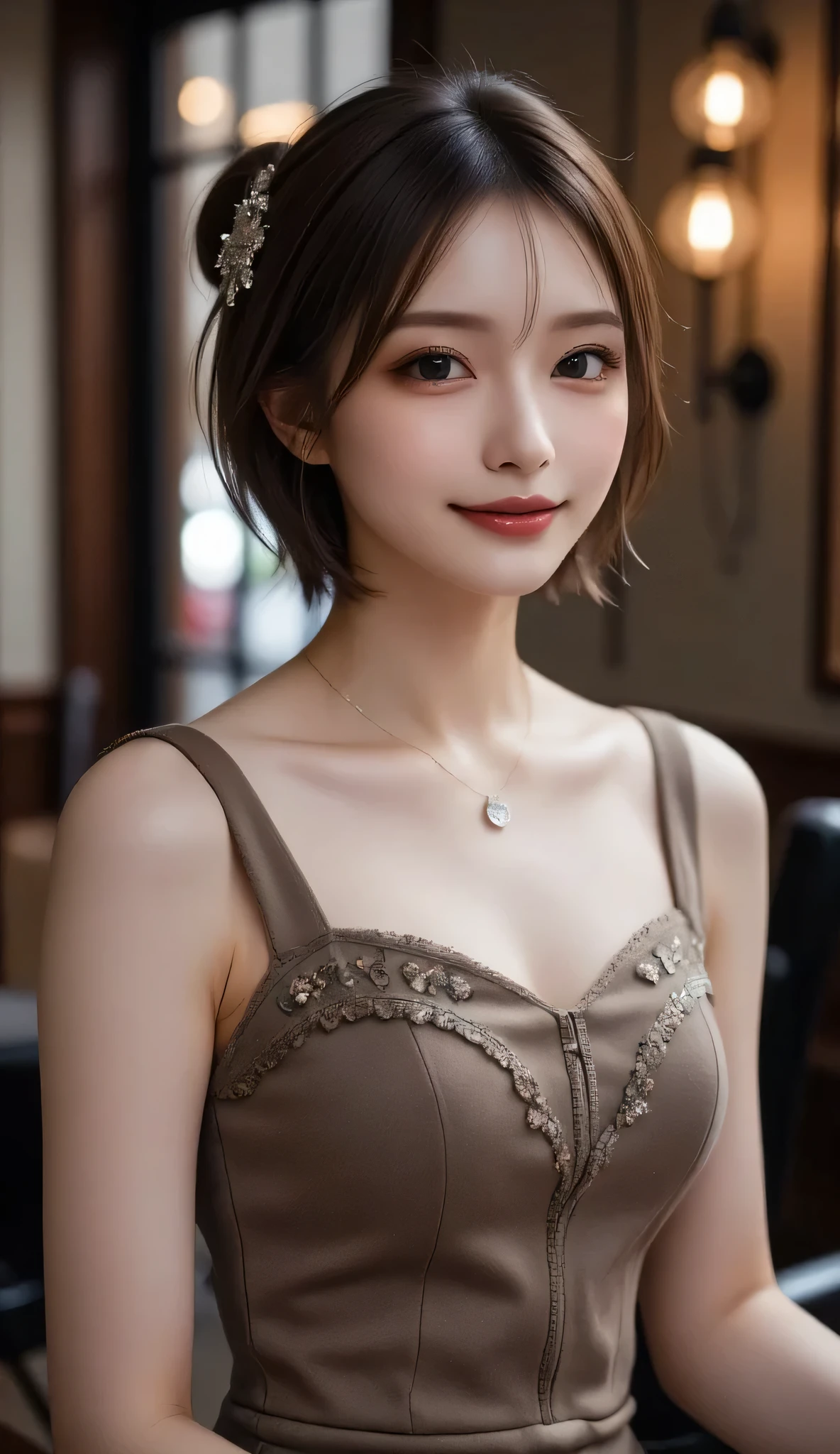(8k, highest quality, masterpiece: 1.2), (realistic, photorealistic: 1.37), highest quality, very delicate and beautiful, very detailed, exquisite details, masterpiece, top quality, official art, cut-off shorts, ultra detailed, high resolution, very detailed skin texture, beautiful detailed girl, highly detailed eyes and face, beautiful detailed eyes, face light, nose blush, ((1 girl)), blue eyes, green eyes, red lips, eye makeup, (short hair, bob cut: 1.4), (full body: 1.3), necklace, earrings, midchest, cleavage, (lace rim, camisole: 1.1), tattoo, choker, constricted waist, ((beautiful abs)), shiny skin, outdoor, building street, professional lighting, realistic shadows, sharp focus, supermodel, smile, pose,