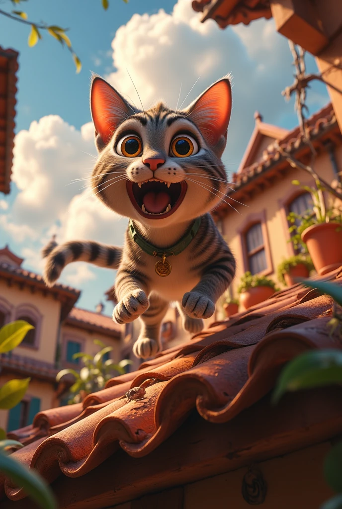 (8k, top quality, Masterpiece , Final Fantasy Style: 1.2),Atmospheric perspective, 8K, Very detailed, , (composition looking up from below,:1.3),  cat jumping off the roof, Roof of home, Rapid Descent, surprised expression, face tense, eyes wide, mouth wide open, close-up of front paw pads, Hair all over my body stands on end due to wind pressure, looking up from below composition,