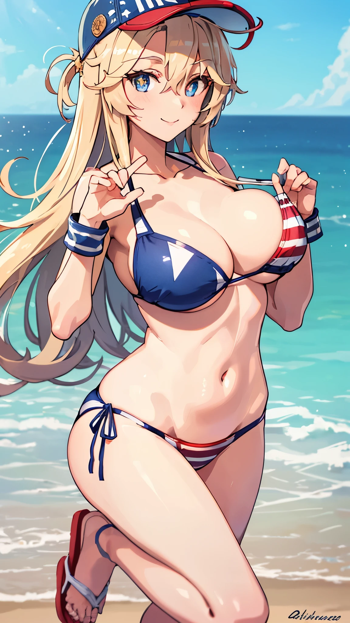 masterpiece,  top quality ,  high definition ,  One Girl , Alone,
 \( Kantai Collection\),  bikini,  baseball cap from Taiwan,  alternative costumes , 
Different hairstyle,  ,  blue eyes, (Star-shaped pupil:1.2), blue eyes, 
Chest,Large bust, clavicle,  large Chest,  long hair, Star hair ornament, 
 bikini, striped  bikini,   wristbands, Sandals, Beach ,.Big Breasts,  open mouse,smile