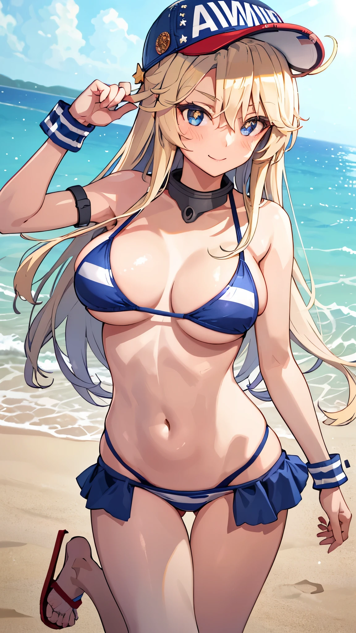 masterpiece,  top quality ,  high definition ,  One Girl , Alone,
 \( Kantai Collection\),  bikini,  baseball cap from Taiwan,  alternative costumes , 
Different hairstyle,  ,  blue eyes, (Star-shaped pupil:1.2), blue eyes, 
Chest,Large bust, clavicle,  large Chest,  long hair, Star hair ornament, 
 bikini, striped  bikini,   wristbands, Sandals, Beach ,.Big Breasts,  open mouse,smile