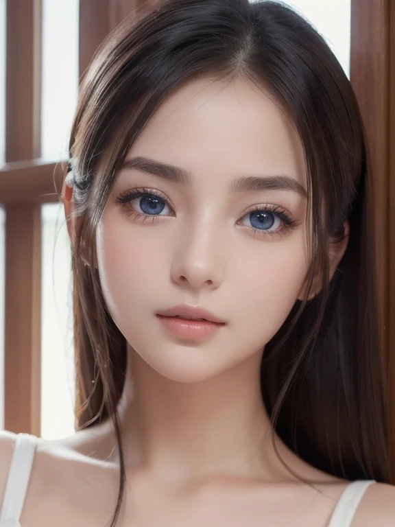 1girl, star eye, blush, perfect illumination, white flyaway hair, red eyes, unreal engine, sidelighting, detailed face, bangs, bright skin, simple background, dark background, perfect breasts,