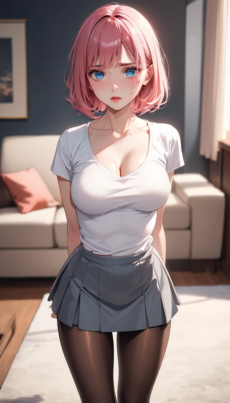 One woman,From the waist up,from the front,Big Breasts,Light pink hair,short hair,black off shoulder sweater,Belly button exposed,White shorts,Black-rimmed square glasses,Cafe